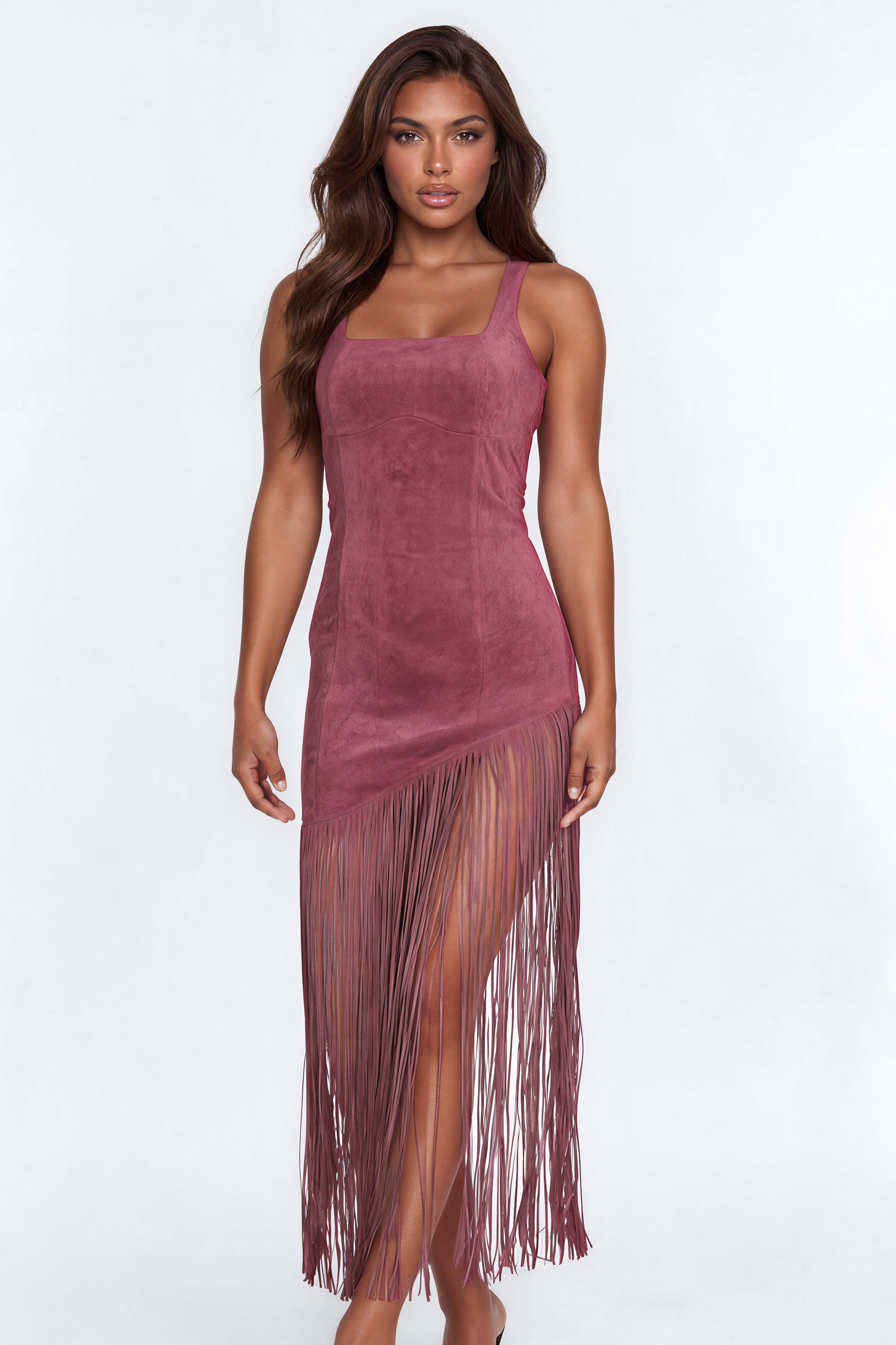Watch It Move Faux Suede Fringe Maxi Dress - Burgundy