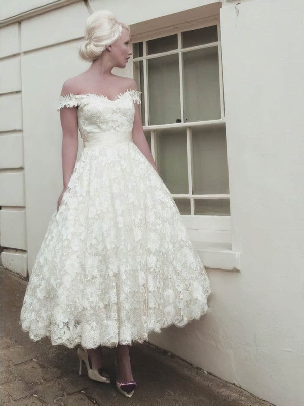 Charming Off-The-Shoulder Sweetheart Lace Tea-Length Wedding Dresses with Ribbon