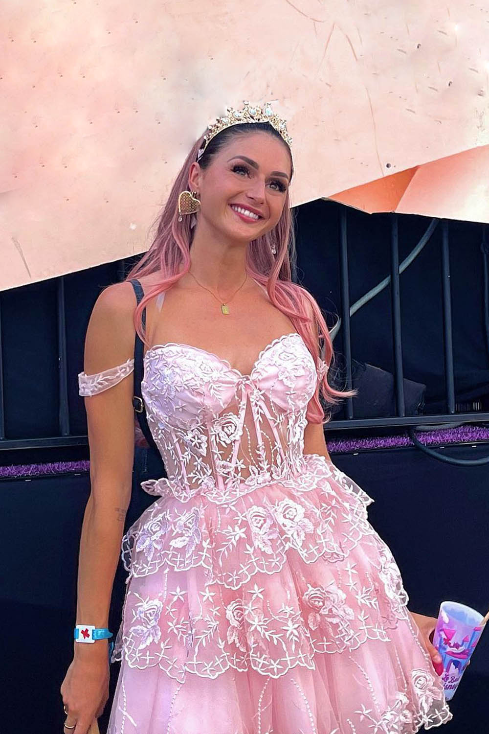 Pink A-Line Off the Shoulder Tiered Short Homecoming Dress/Mini Dress