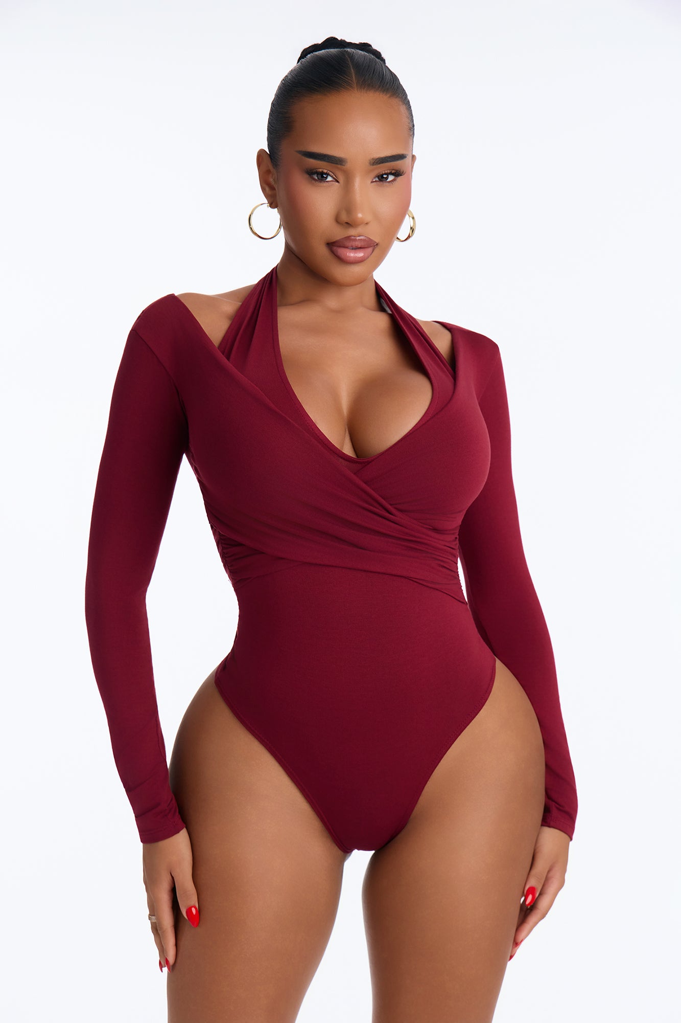 Melanie Ruched Halter Long Sleeve Bodysuit - Burgundy