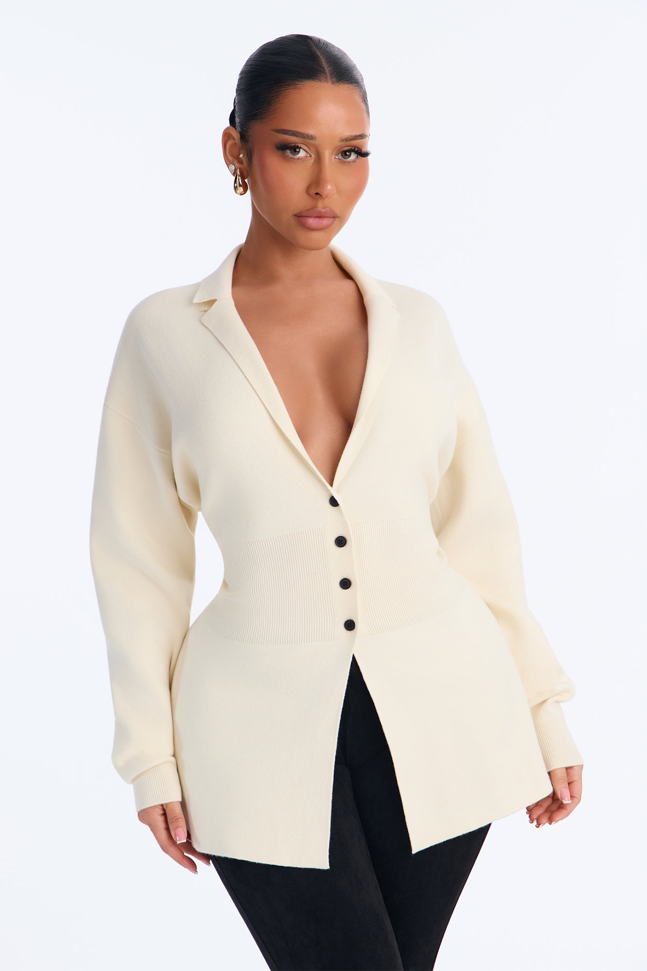 Florence Cinched Waist Button Up Cardigan - Cream