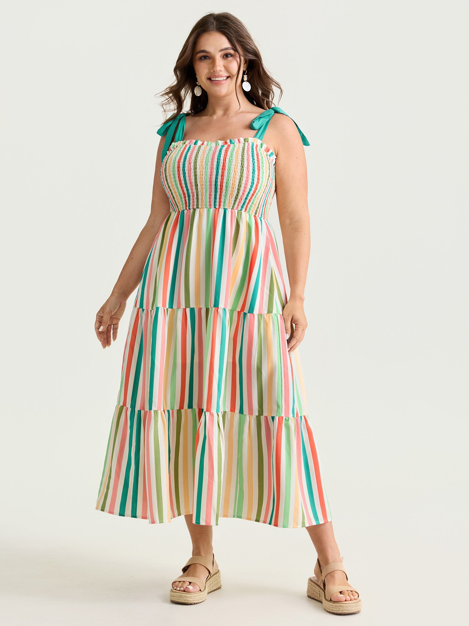 Colorful Striped Print Shoulder-Tie Maxi Dress