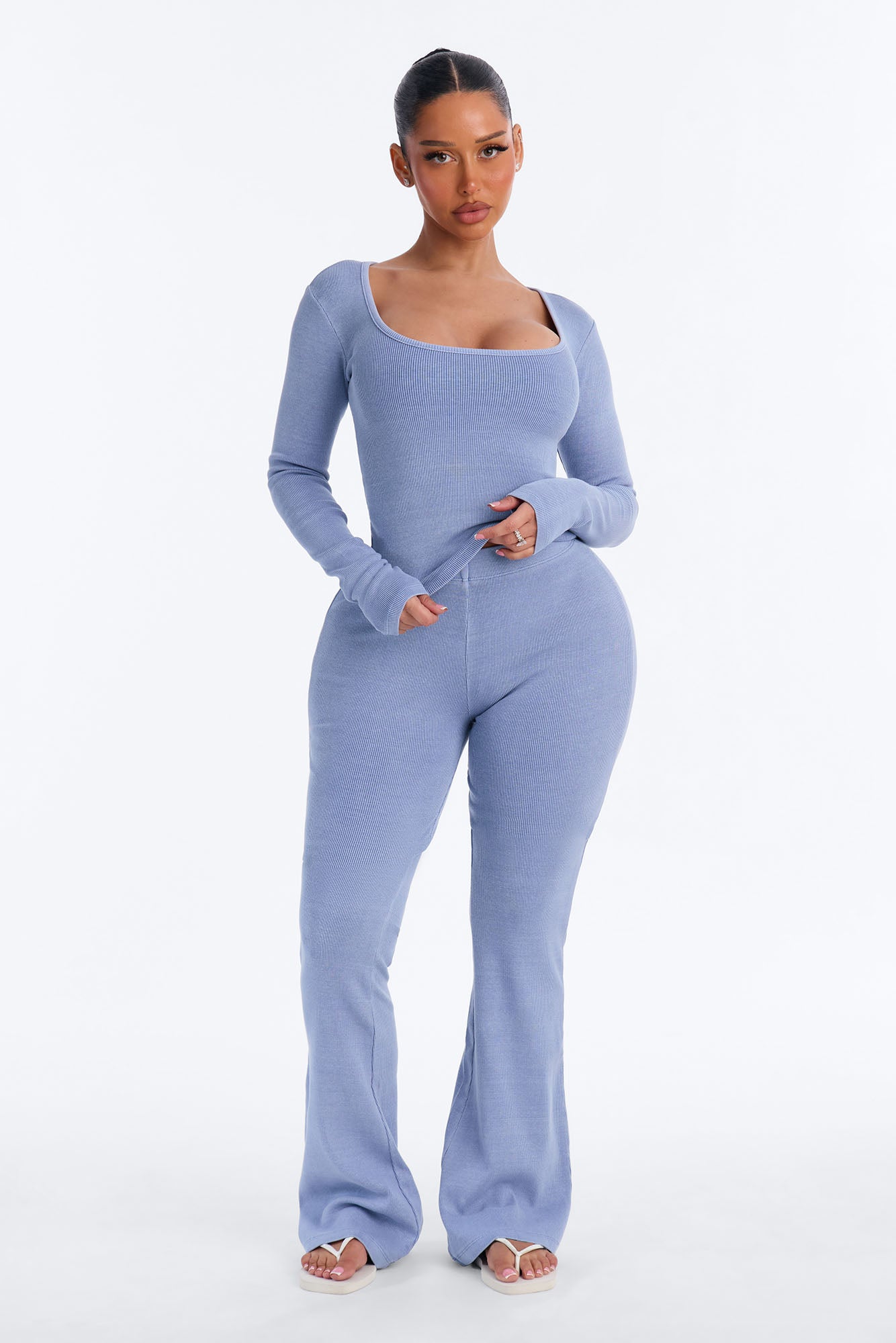 Tony Washed Ribbed Long Sleeve Flare Pant Set - Washed Blue