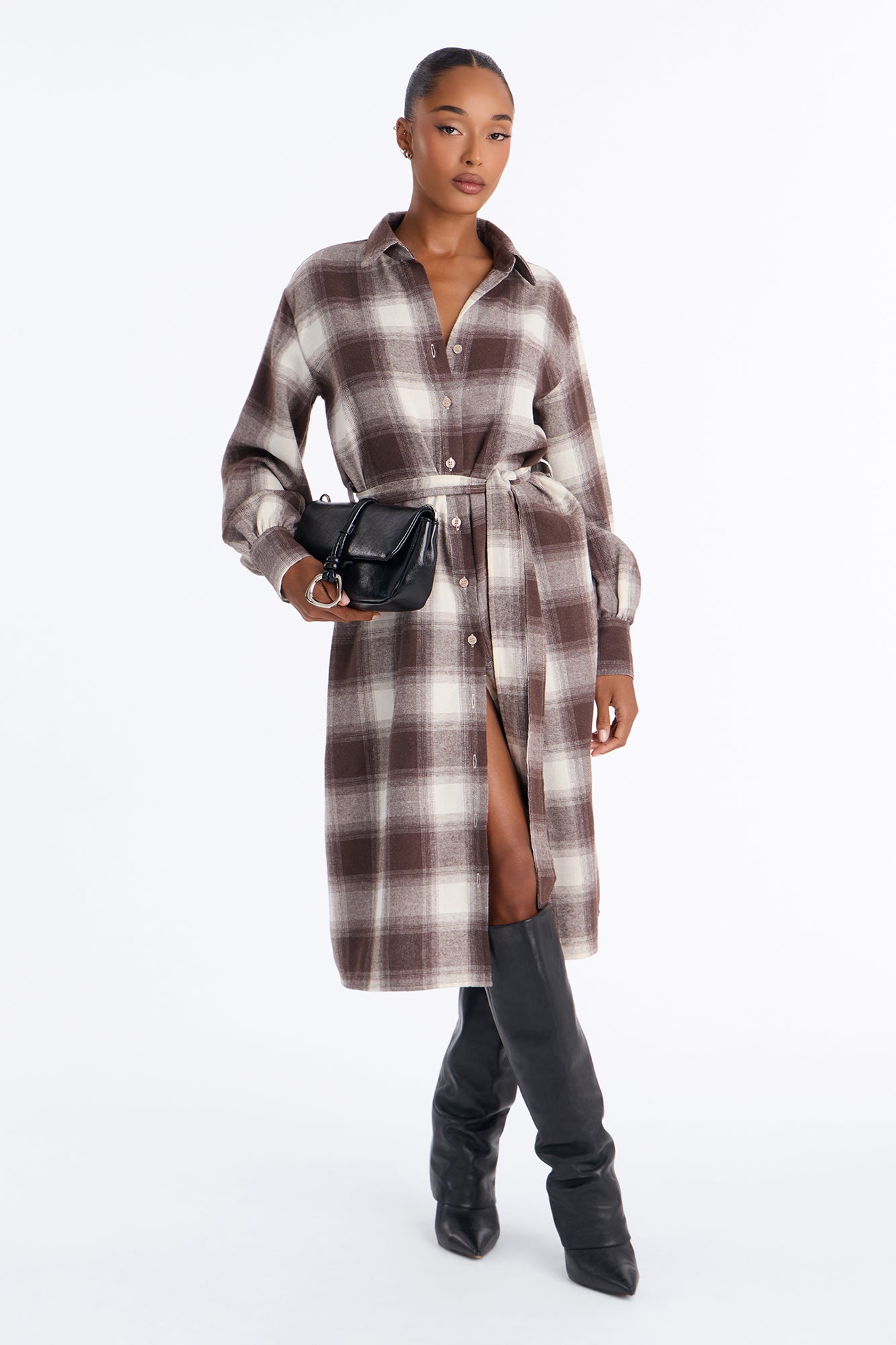 Everyday Is Fall Flannel Plaid Midi Dress - Brown/combo