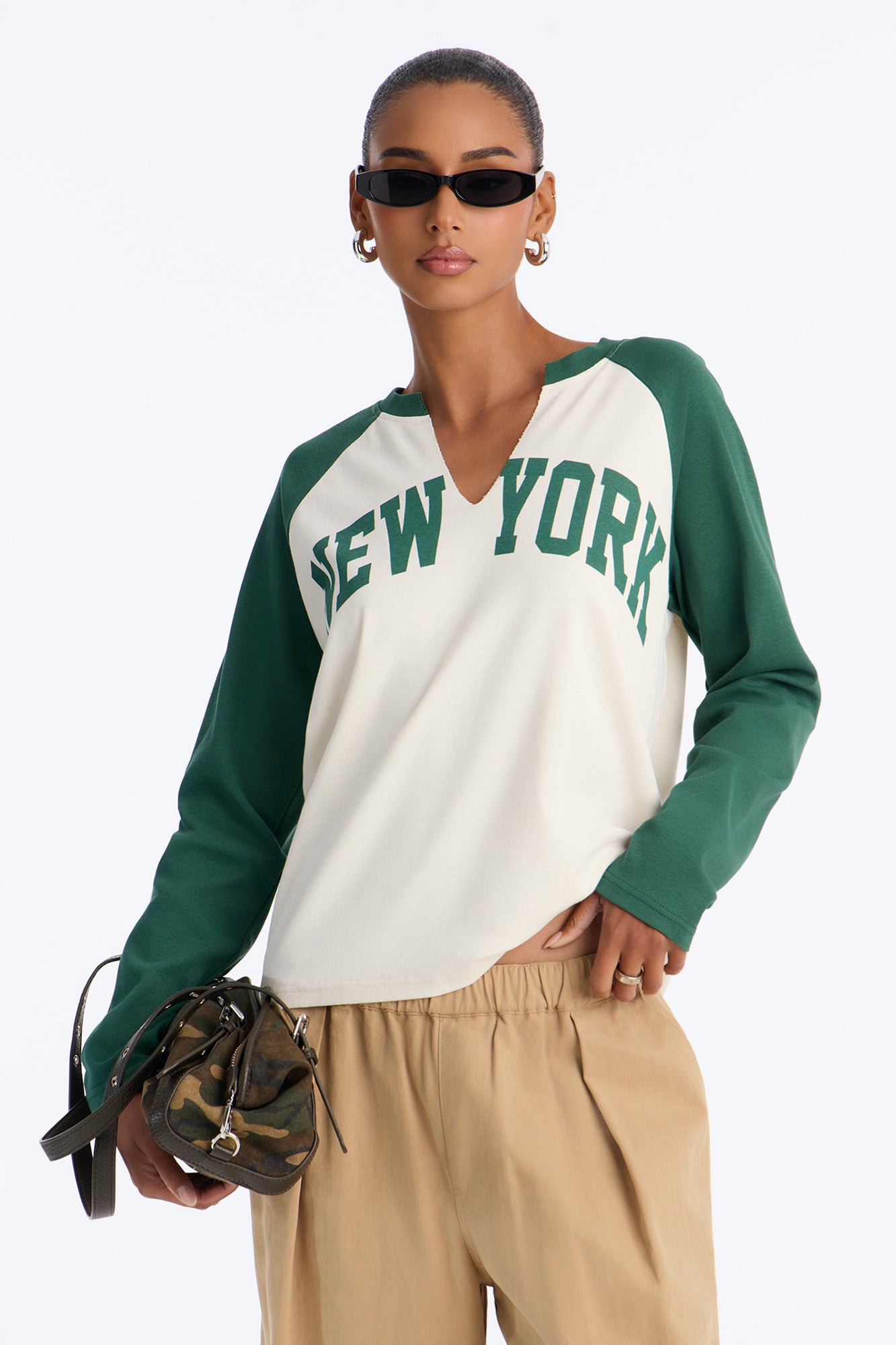 New York Girl Notch Neck Raglan Tee - Hunter