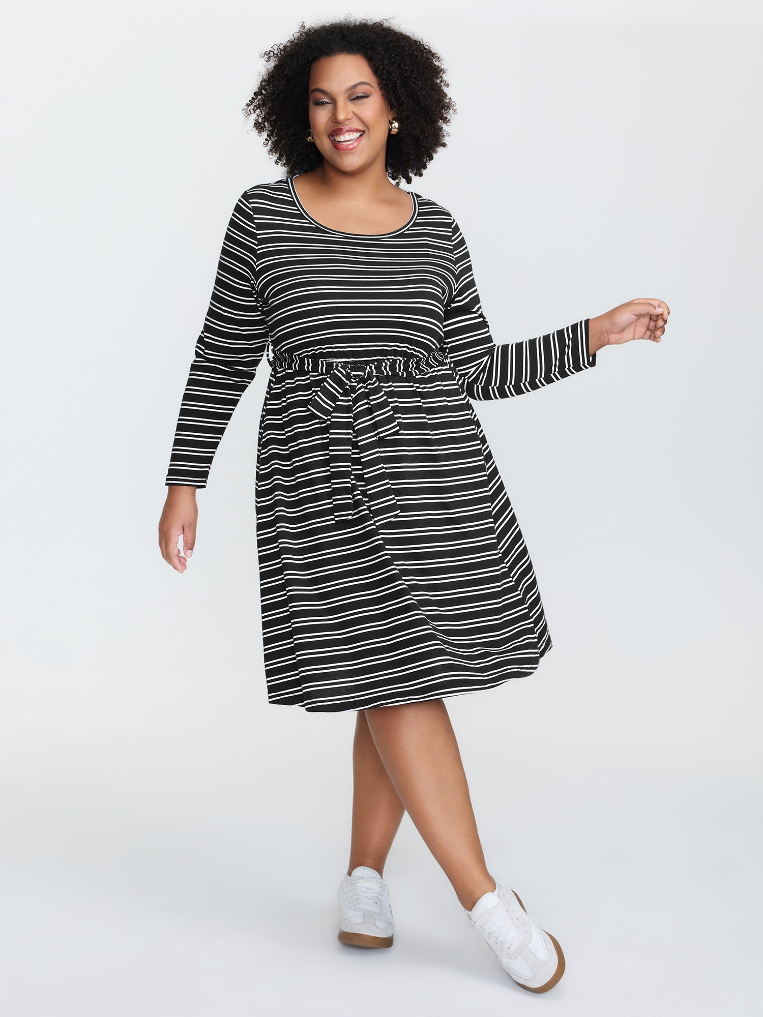 Ribbed Striped Pockets Belted Midi Dress