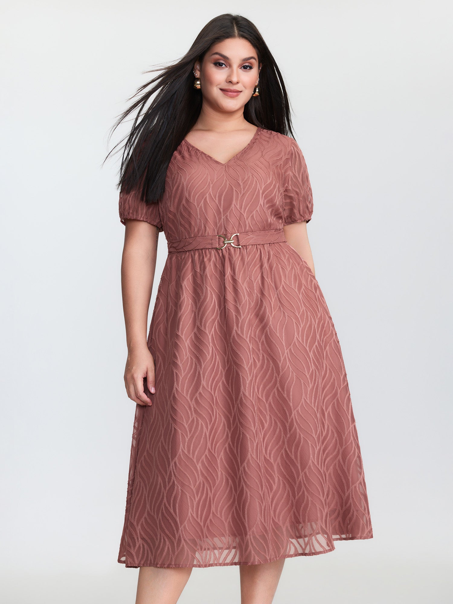 Plain Textured Belted V-Neck Midi Dress