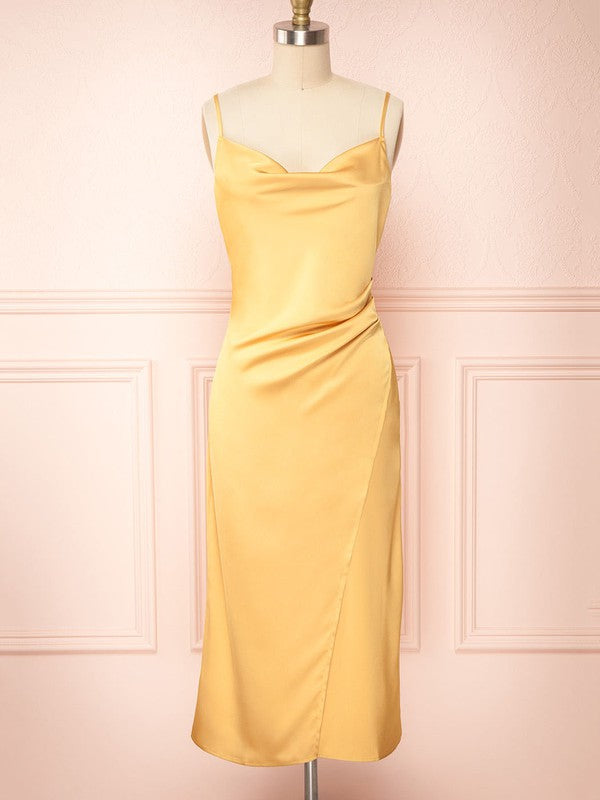 Glamorous Satin Column Cowl Neck Tea-Length Bridesmaid Dresses