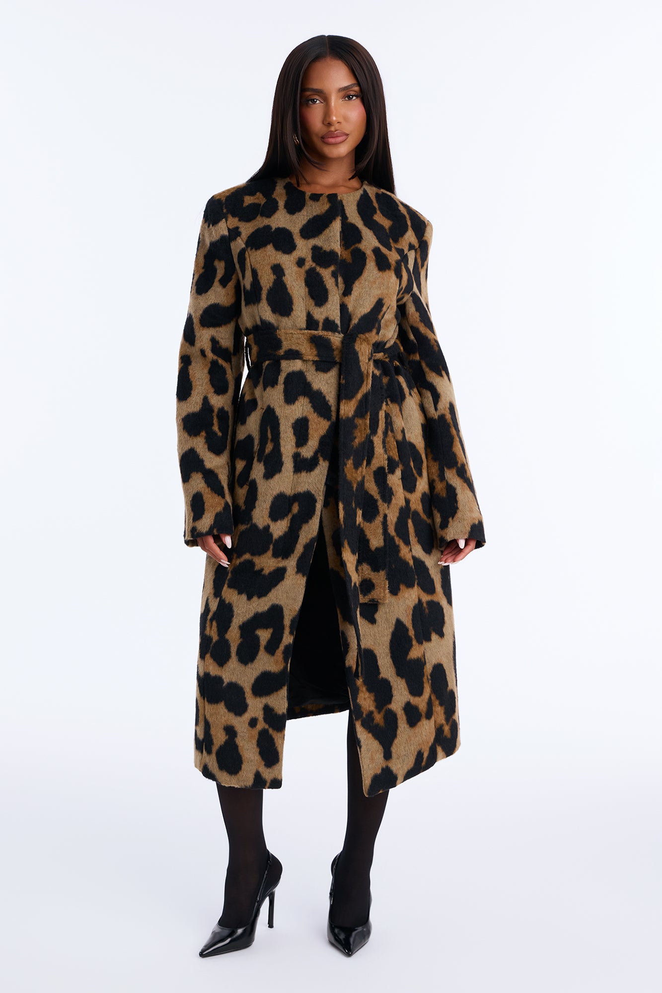 Feeling Wild Wool Blend Leopard Print Maxi Coat - Brown/combo