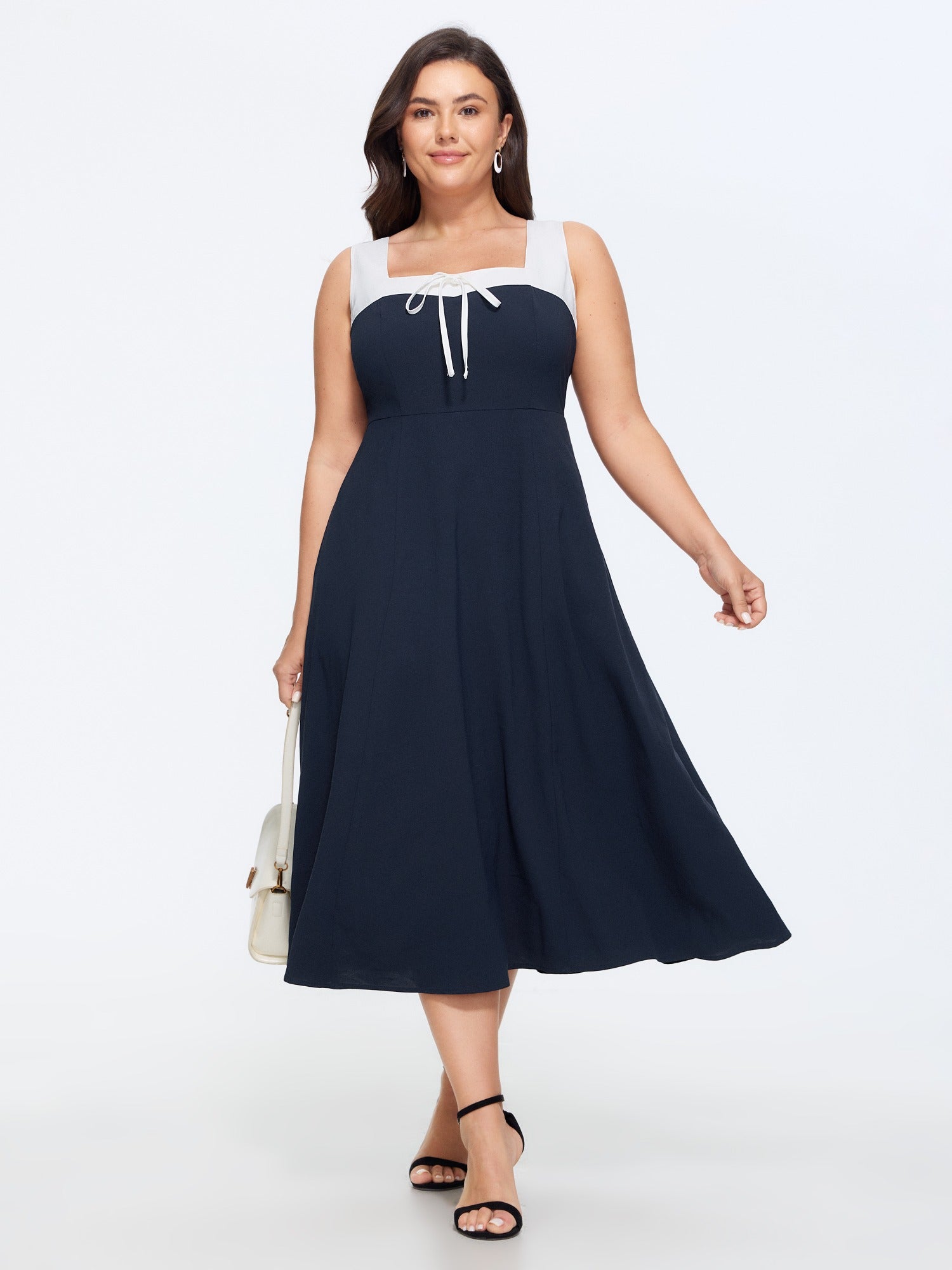 Color Block Square Neck Front Tie Sleeveless Midi Dress