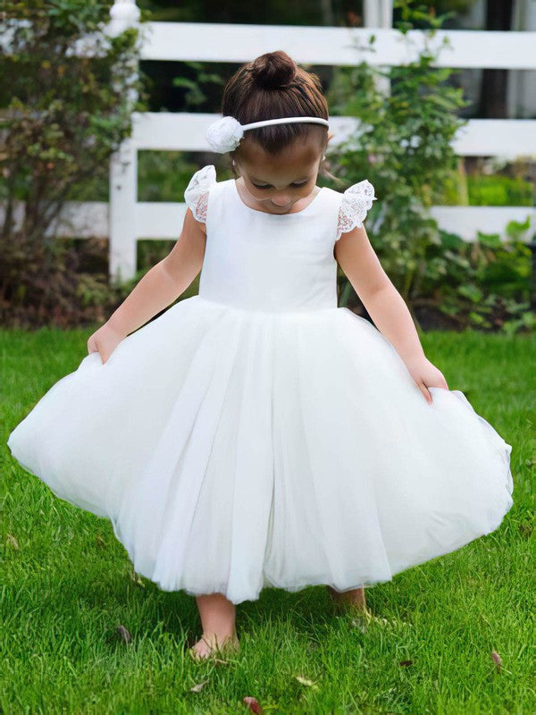 Chic Jewel Neck Tulle Tea-length Ball Gown Lace Flower Girl Dresses