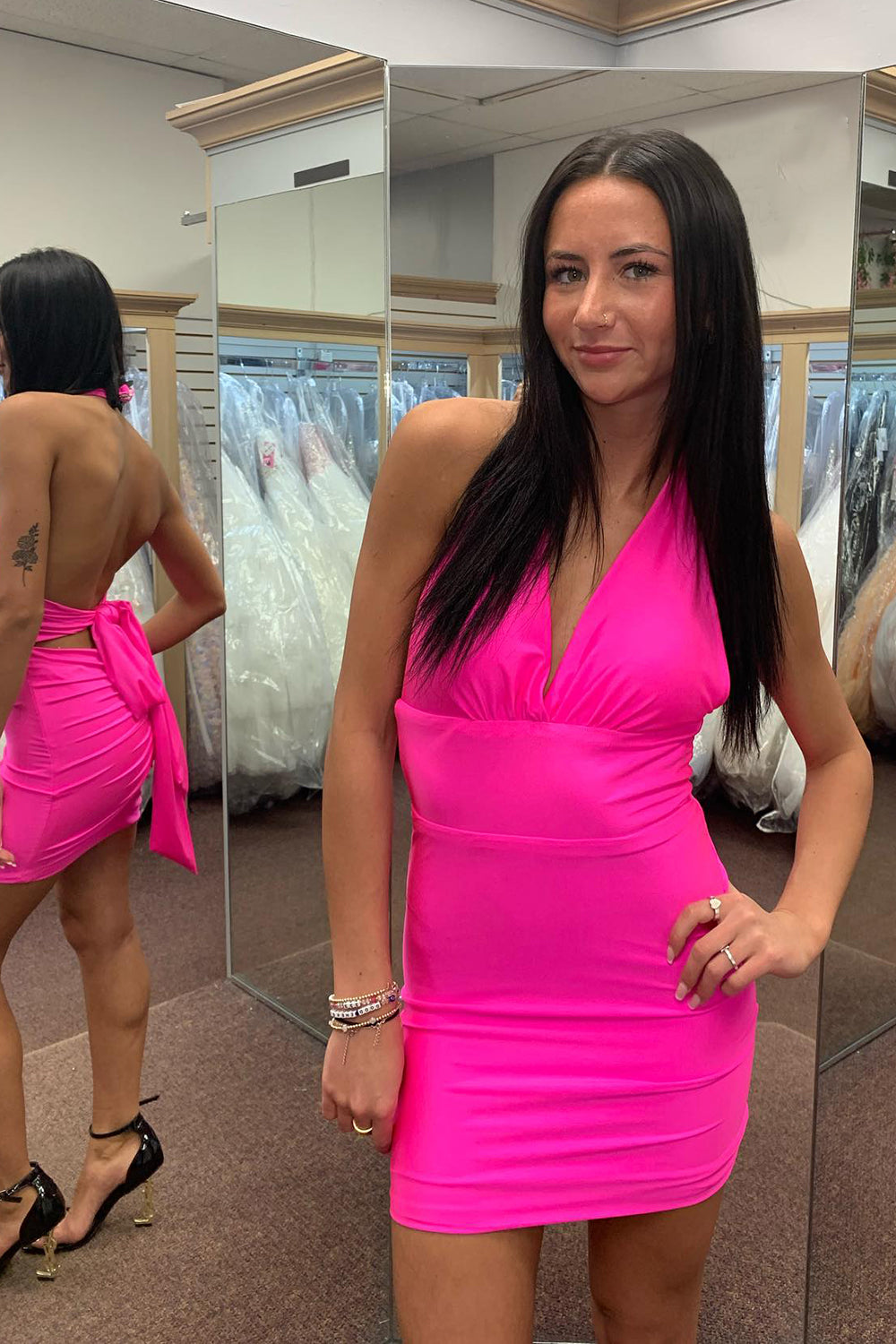 Simple Fuchsia Convertible Wear Satin Tight Short Homecoming Dress/Mini Dress