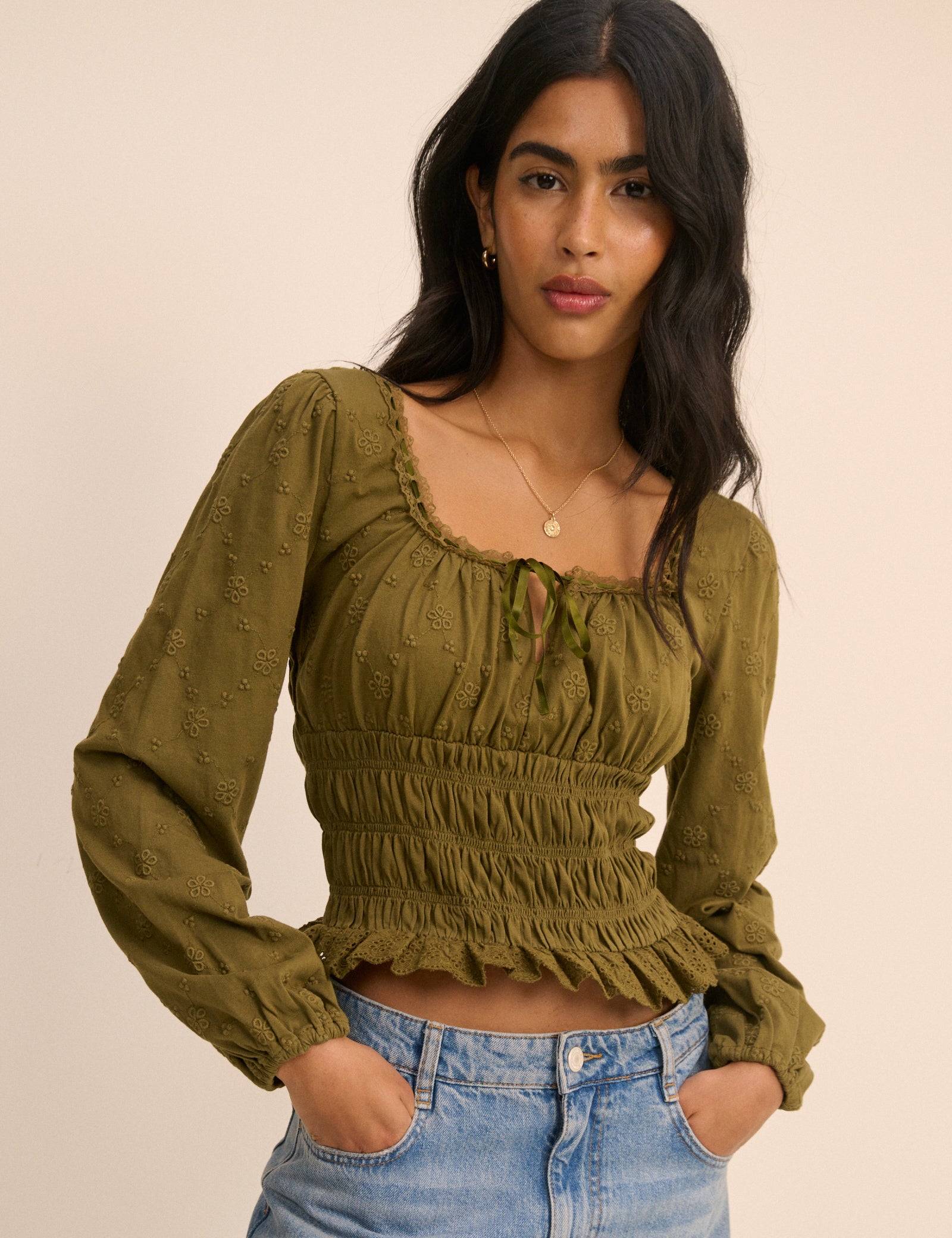Khaki Embroidered Long Sleeve Shirred Bodice Top