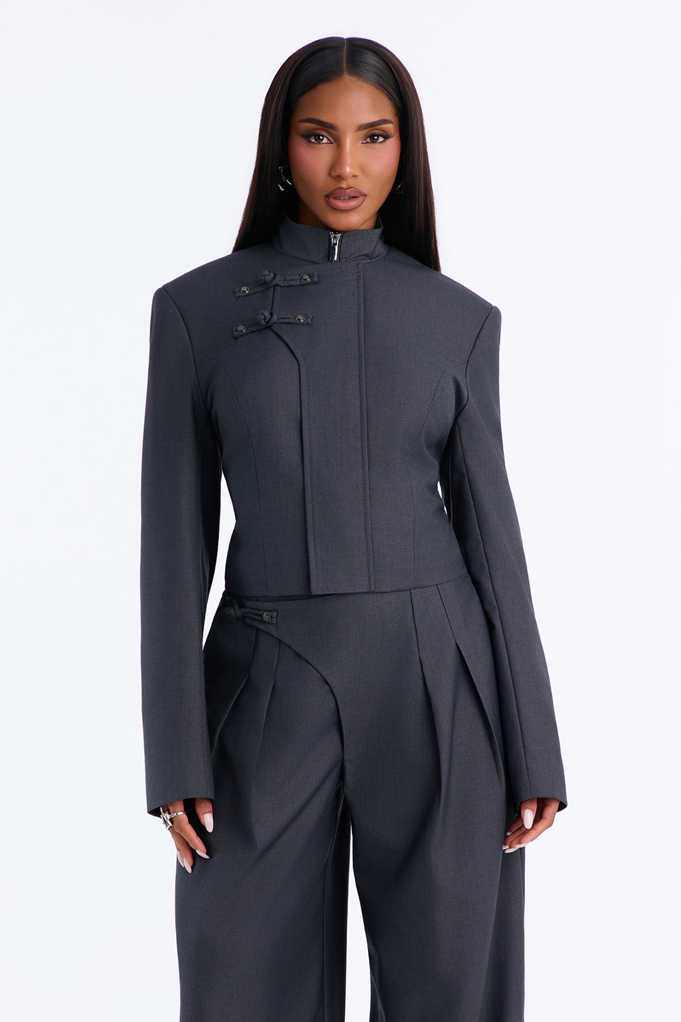 Royce Double Breasted Frog Closure Blazer - Charcoal