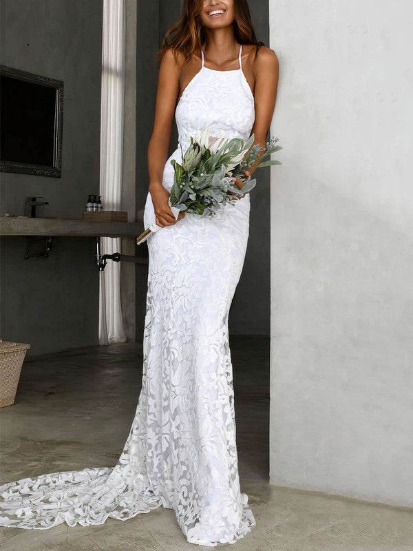 Sexy Trumpet Halter Backless Lace Court Train Wedding Dresses