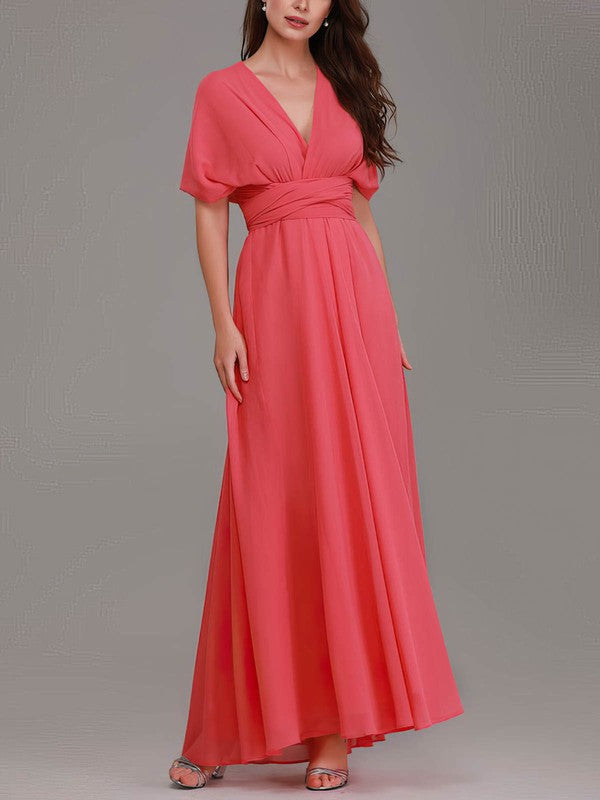 Charming A-Line V-Neck Short Sleeves Chiffon Floor-Length Bridesmaid Dresses with Sash