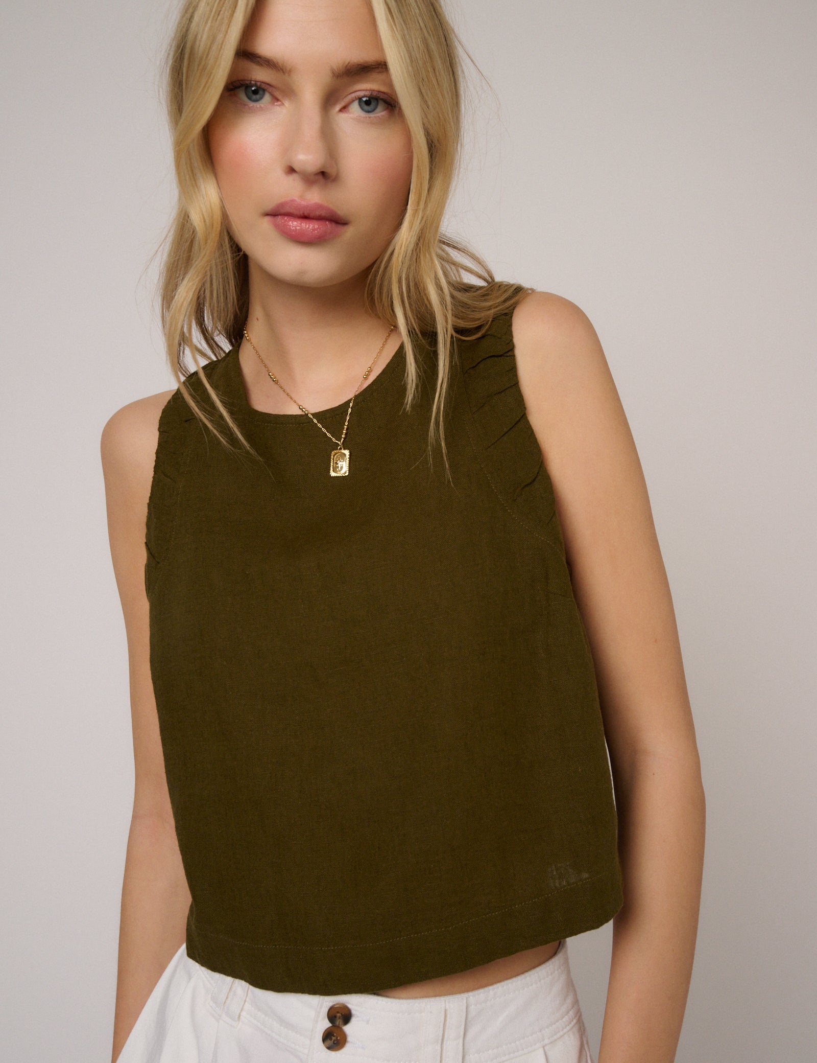 Khaki Green Linen-Rich Ruched Tank