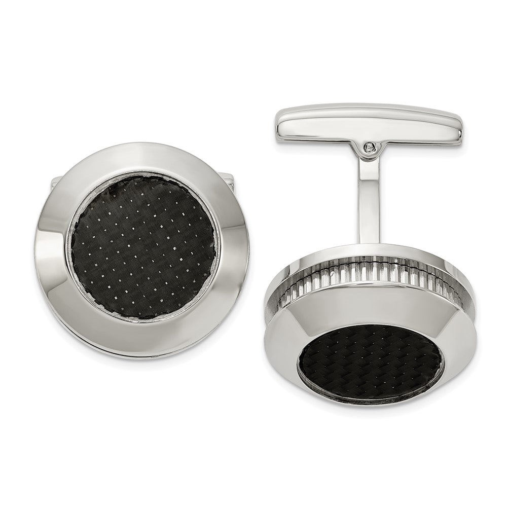 Stainless Steel & Black Carbon Fiber Round Cuff Links, 19mm (3/4 Inch)