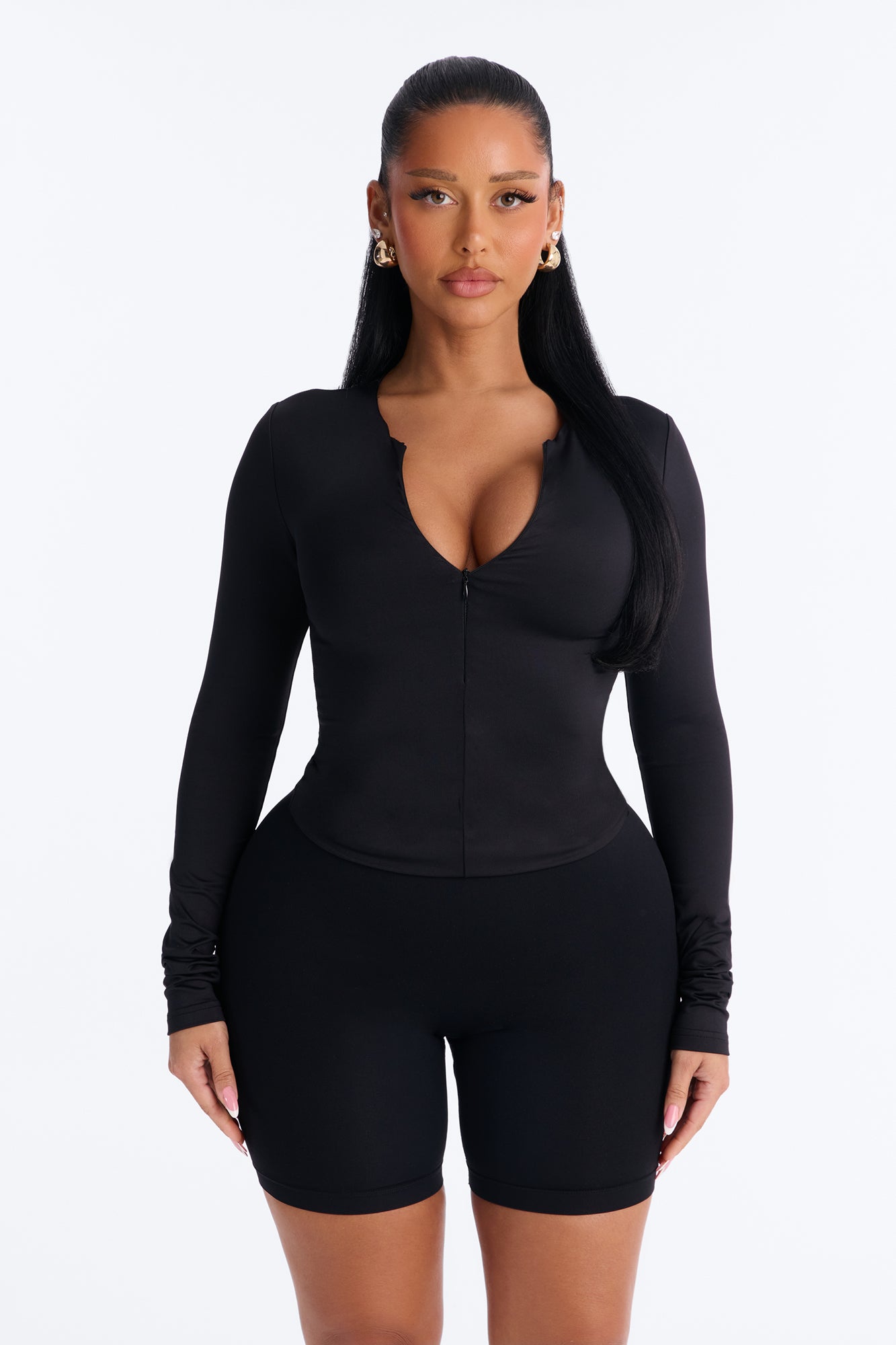 Contour Double Lined Zip Up Long Sleeve Top - Black