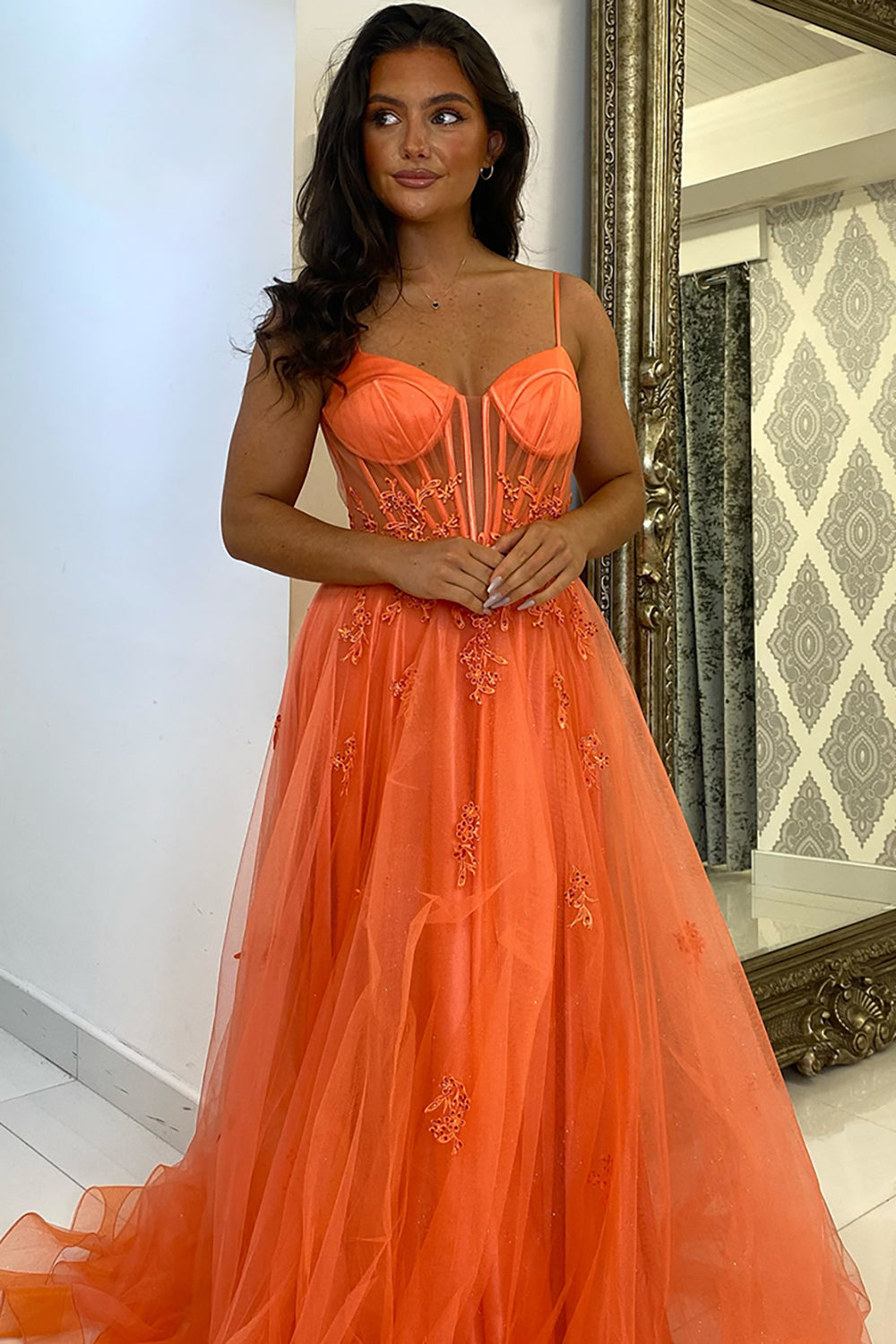 Long A-Line Corset Prom Dress in Orange with Tulle and Spaghetti Straps Featuring Appliques