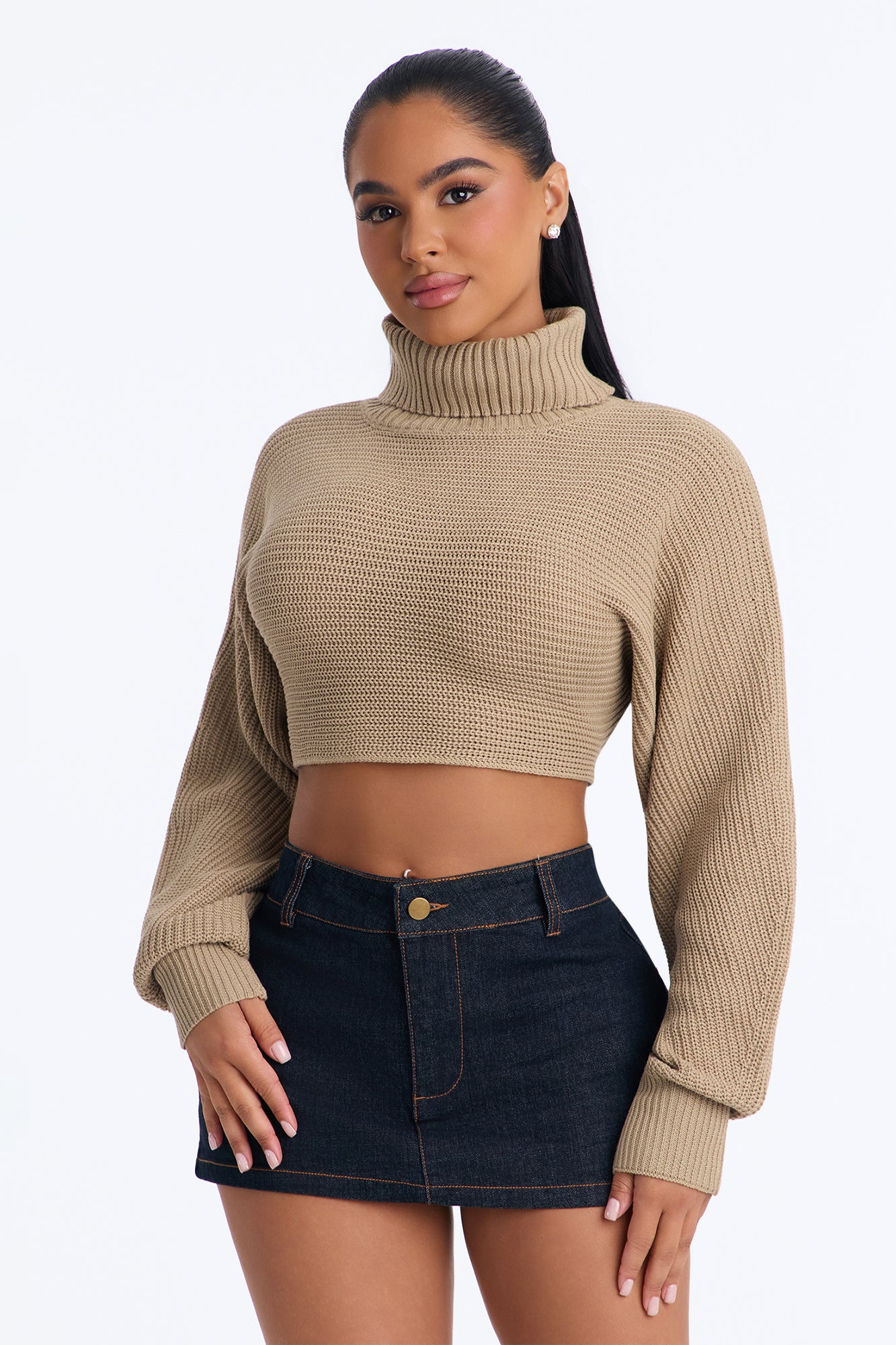 Deana Cropped Turtleneck Sweater - Taupe