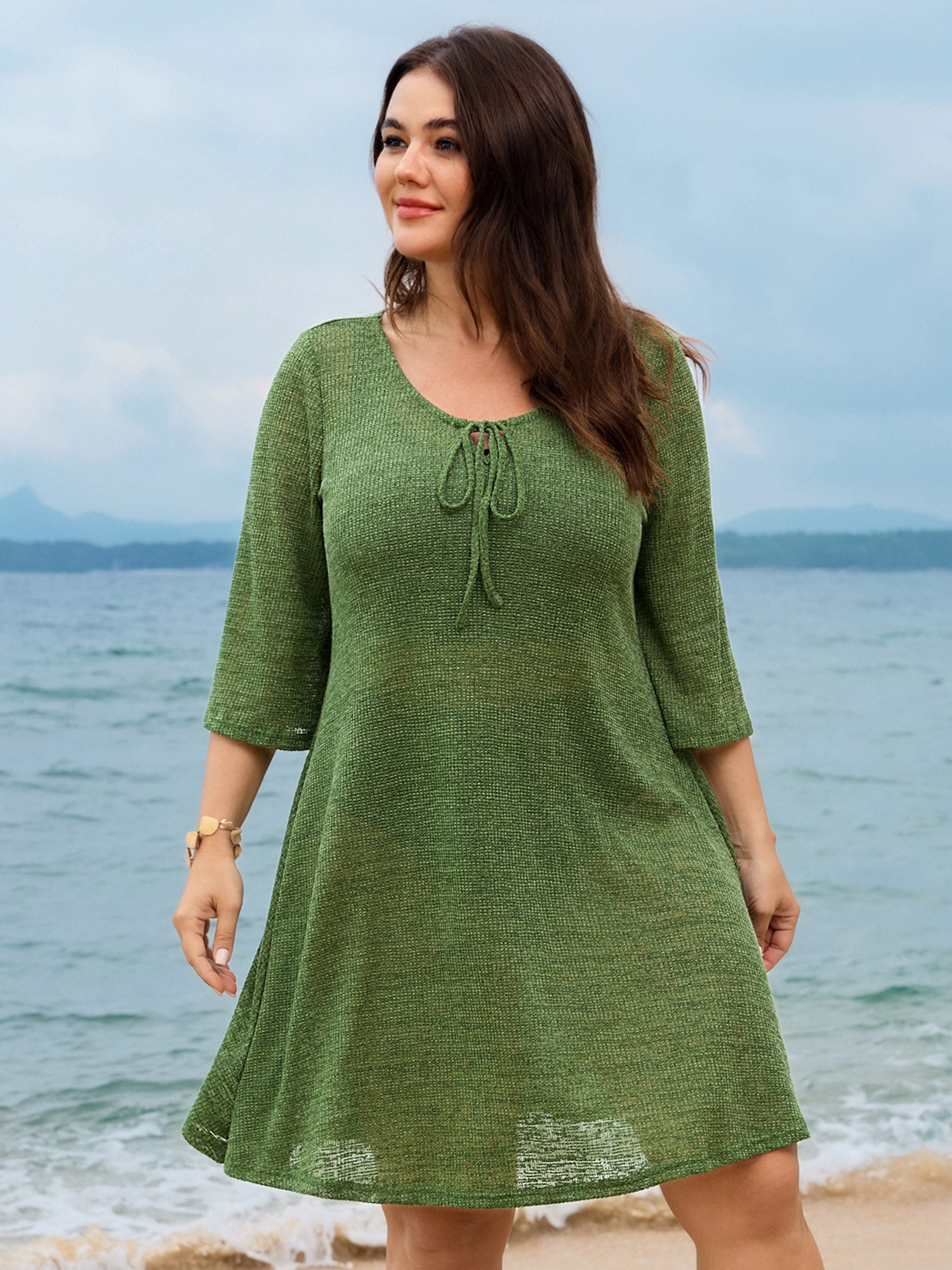 Plain Textured Keyhole Neckline Knit Mini Dress