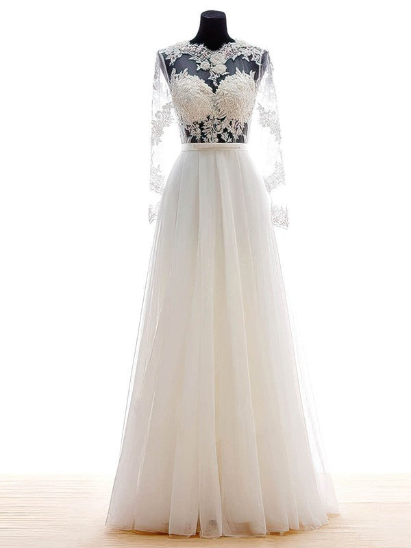Fabulous A-Line Long Sleeves Lace Tulle Floor-Length Wedding Dresses