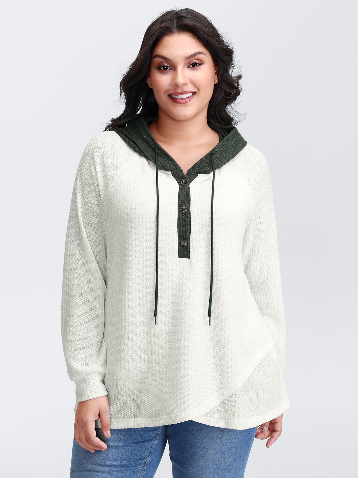 Overlap Hem Color Block Hooded Waffle Sweatshirt