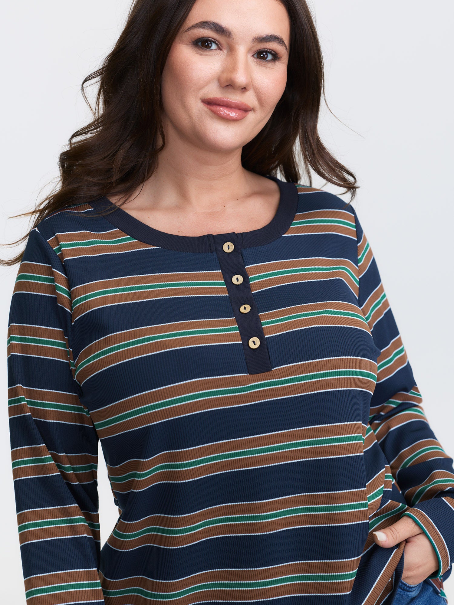 Stripe Ribbed Button Round Neck T-Shirt