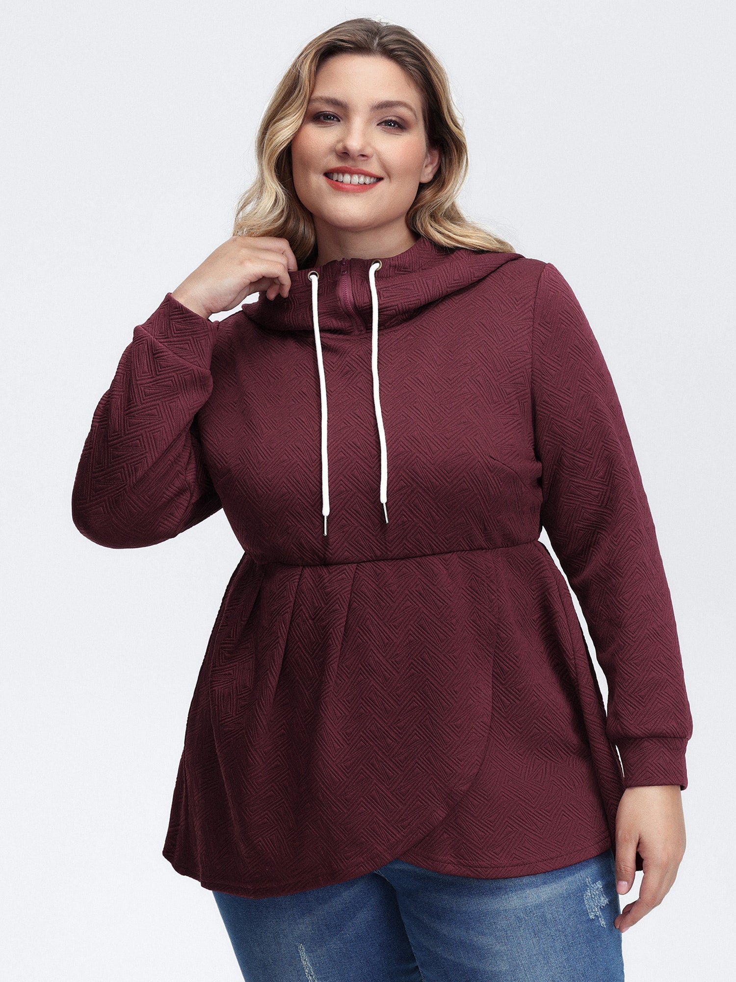 Textured Drawstring Overlap Hem Hooded Sweatshirt