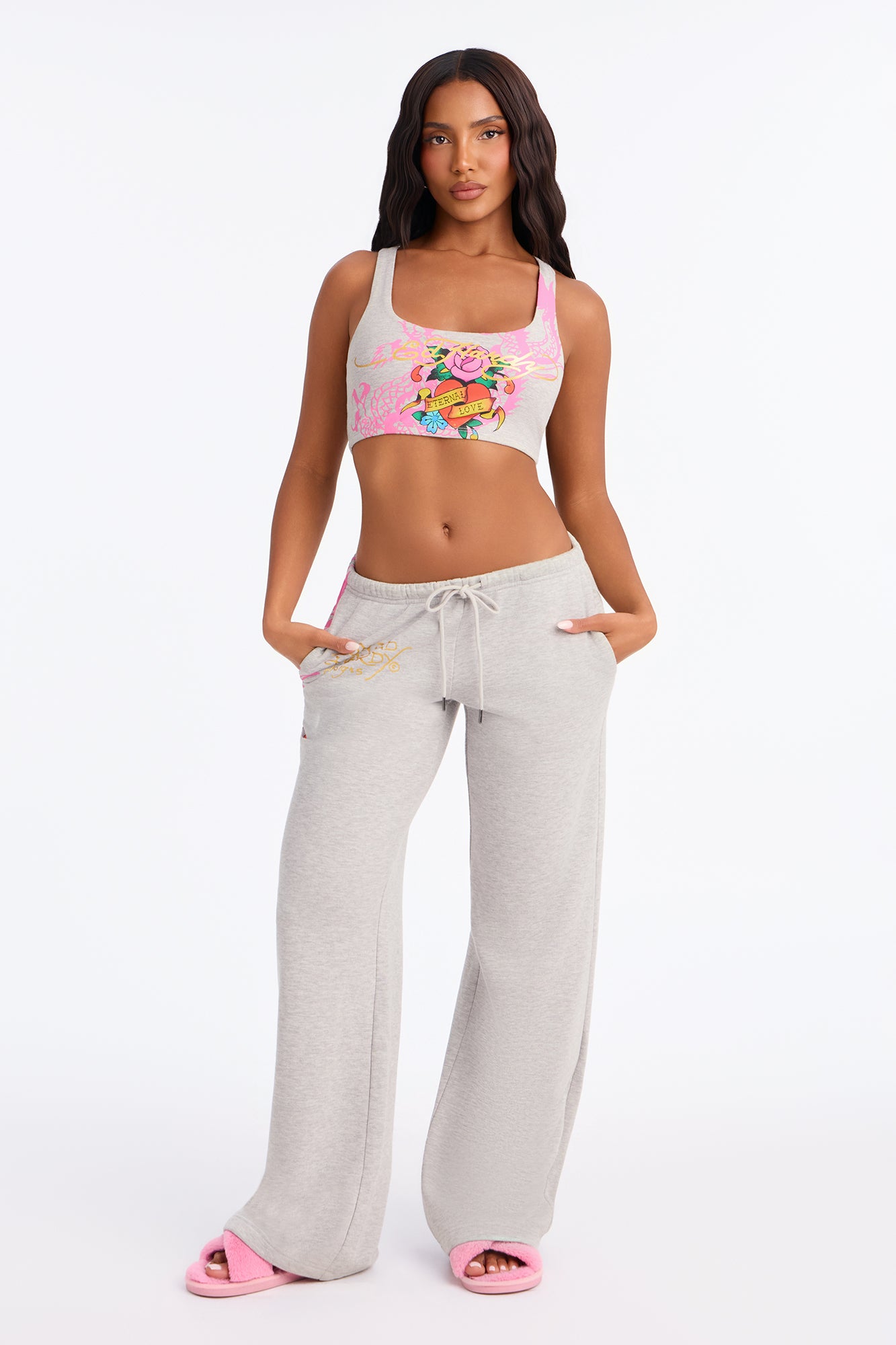 Ed Hardy Eternal Love Racerback Low Rise PJ Pant Set - Grey