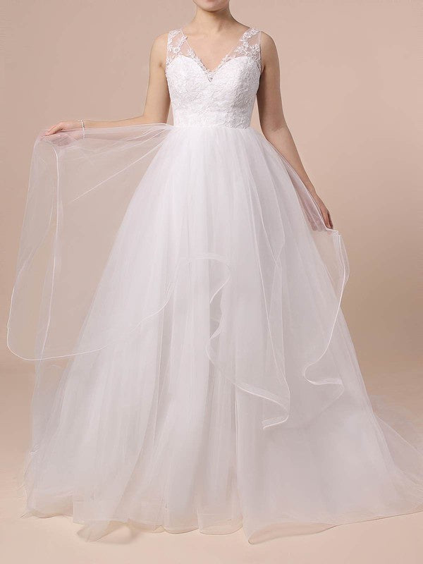 Charming Sweep Train V-Neck Sleeveless Tulle Ball Gown Wedding Dresses