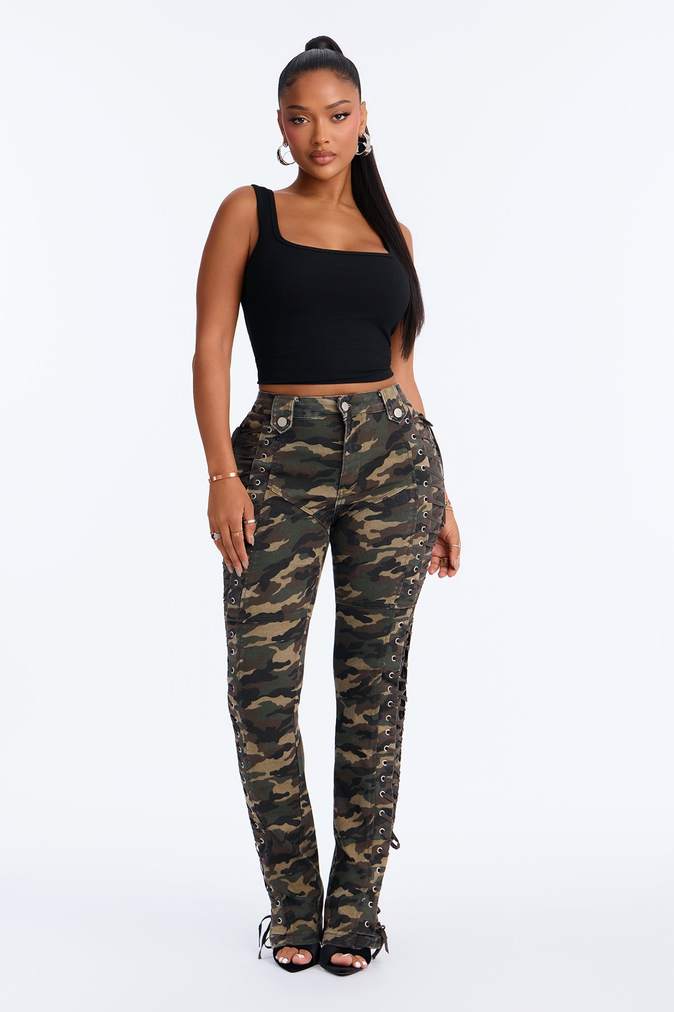 After Hours Lace Up Printed Flare Pant - Olive/combo