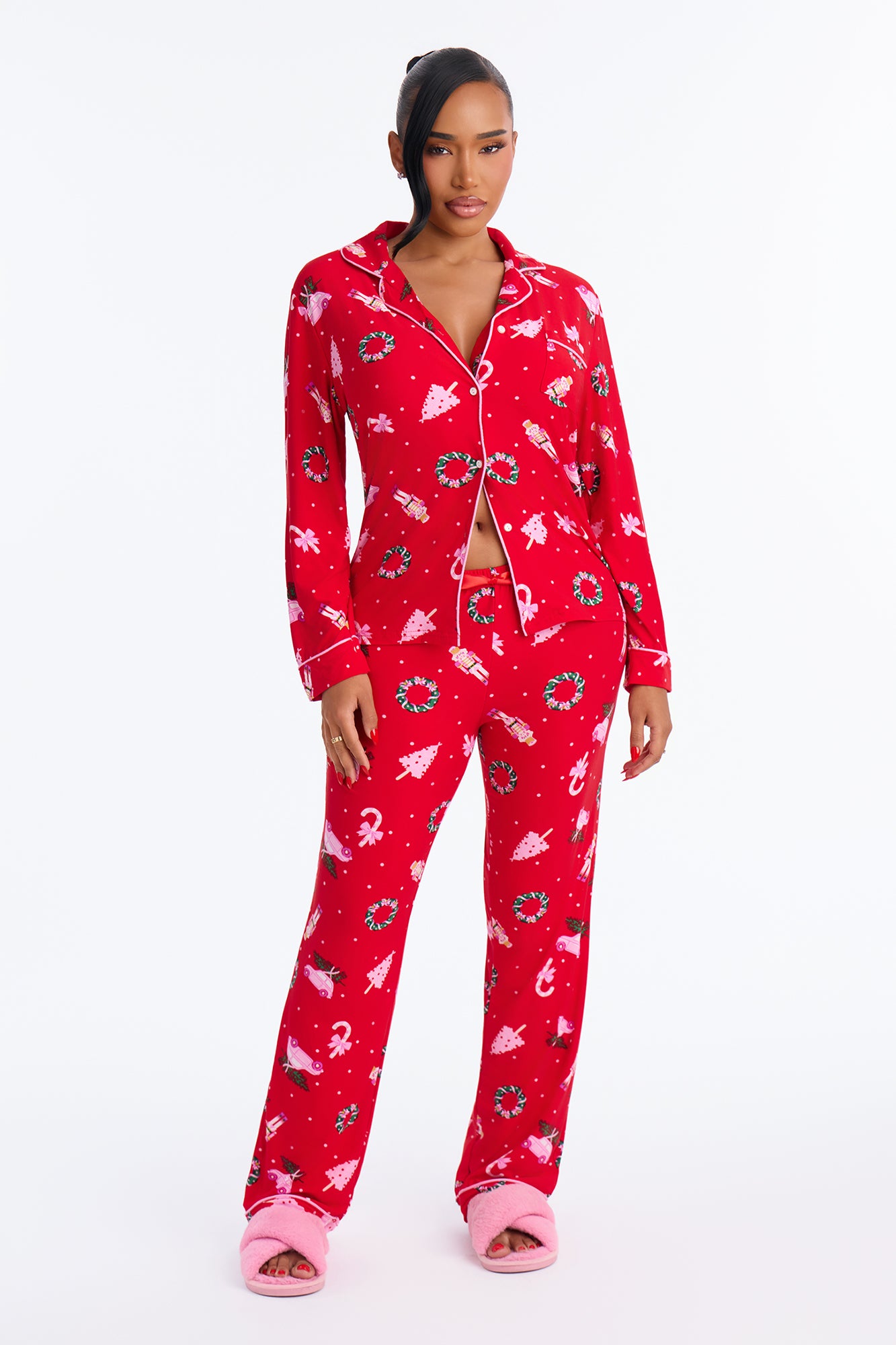 Holiday Cozy Nights Contrast Long Sleeve PJ Pant Set - Pink/combo