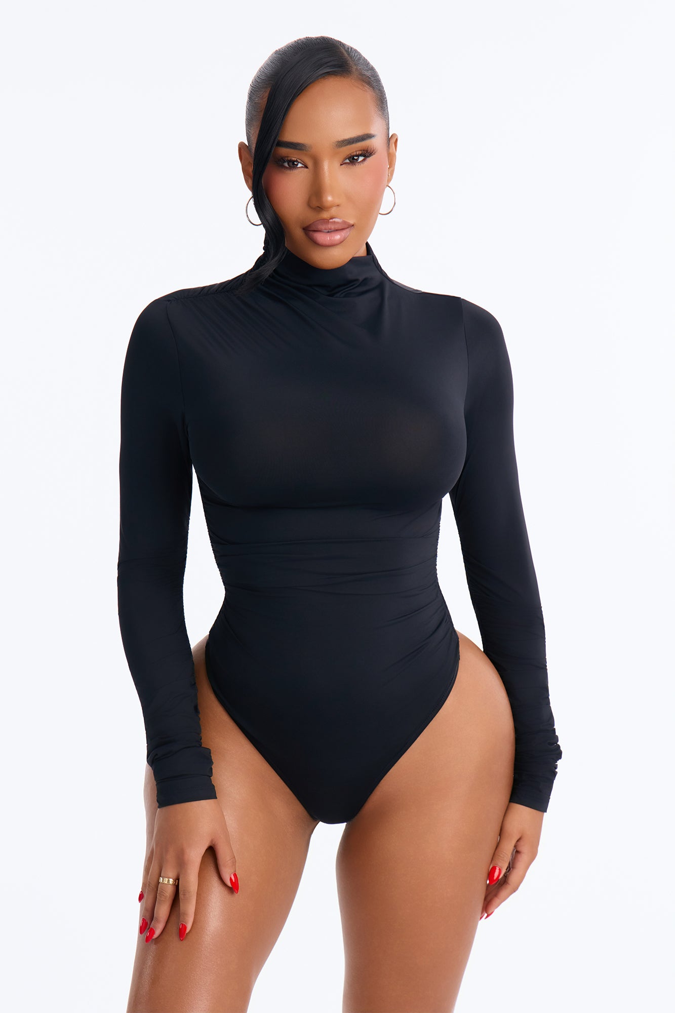 Elevated Ruched Mock Neck Long Sleeve Bodysuit - Black