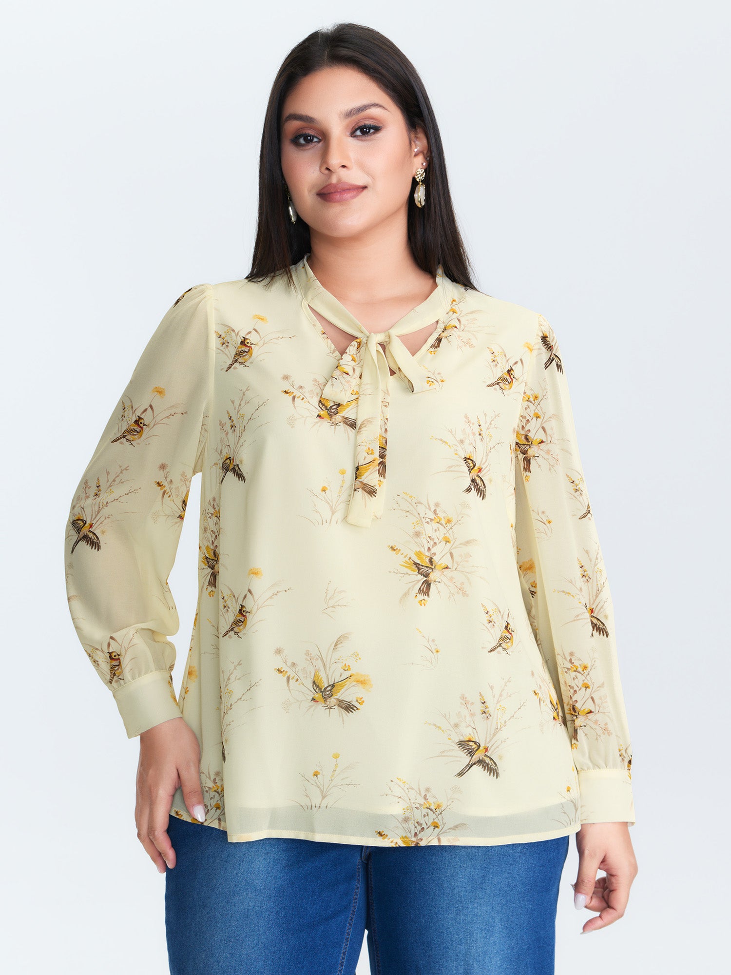 Floral Print Ribbon-Tie Neckline Blouse
