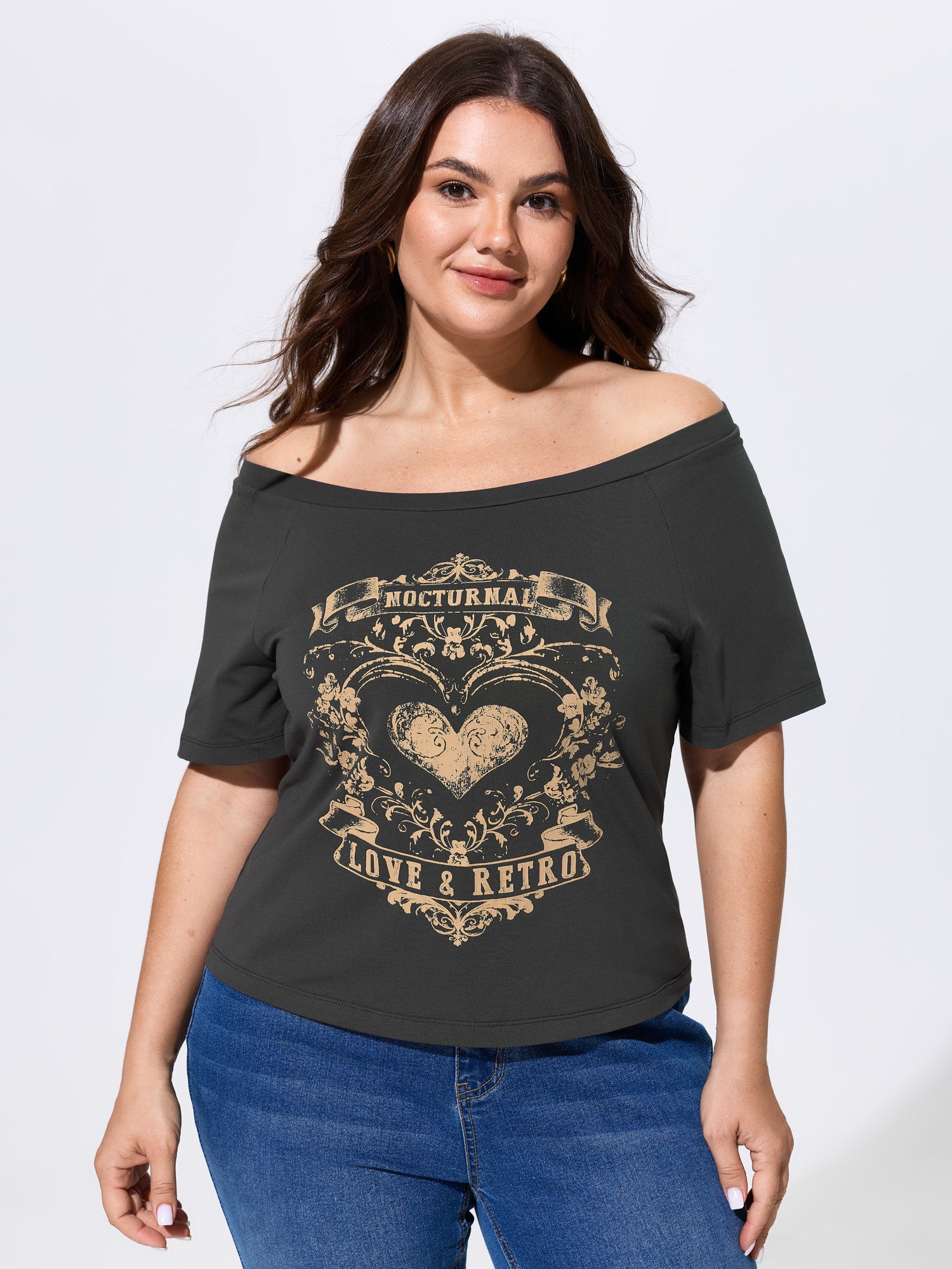 Cotton Heart Print Boat Neckline T-Shirt