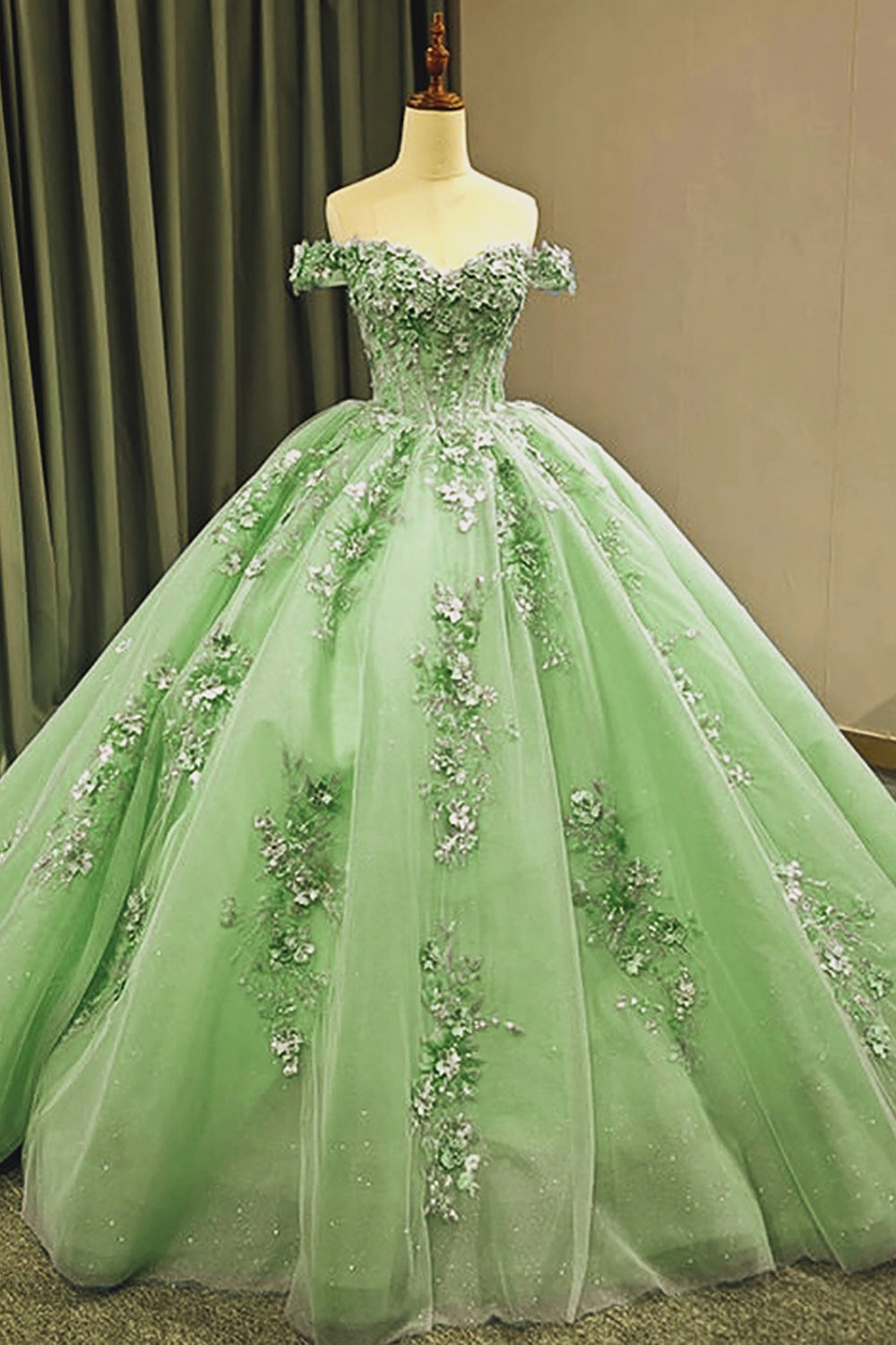 Long Off-The-Shoulder Princess Quinceanera Dress with Sparkly Mint Applique