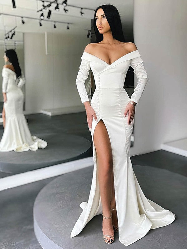 Sexy Mermaid Off-The-Shoulder Long Sleeves Satin Sweep Train Wedding Dresses with Split