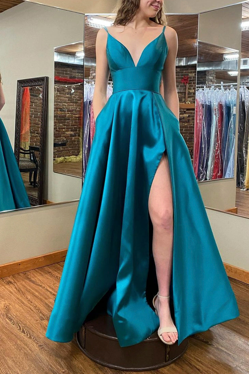Simple Blue Prom Dress with A-line Cut and Slit