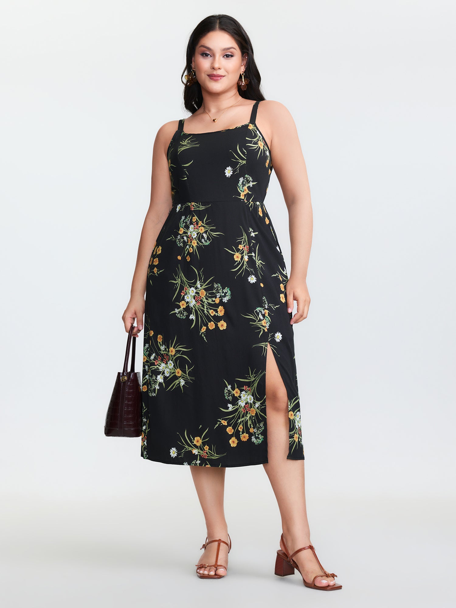 Large Floral Print Slit Shirred Midi Dress