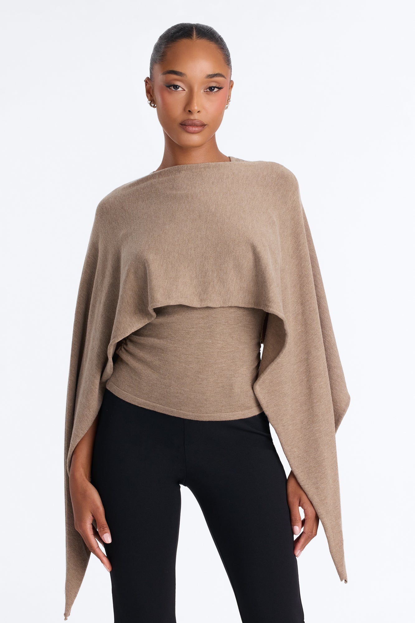Mable 2 Piece Cape and Tank Sweater Set - Taupe