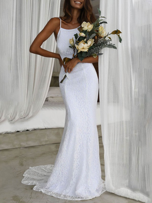 Stunning Mermaid Scoop Neck Backless Lace Sweep Train Wedding Dresses