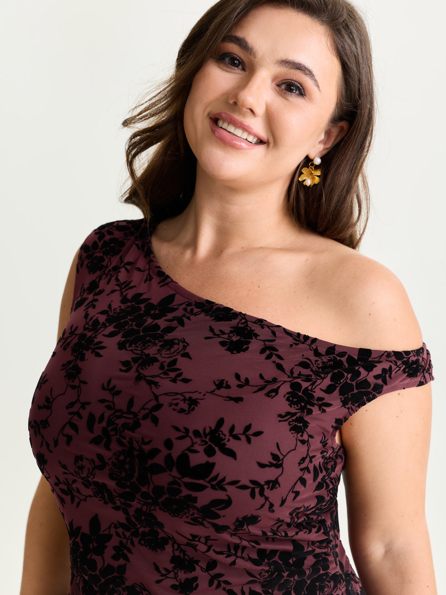 Stretchy Floral Mesh Print Drop Shoulder Knit Top