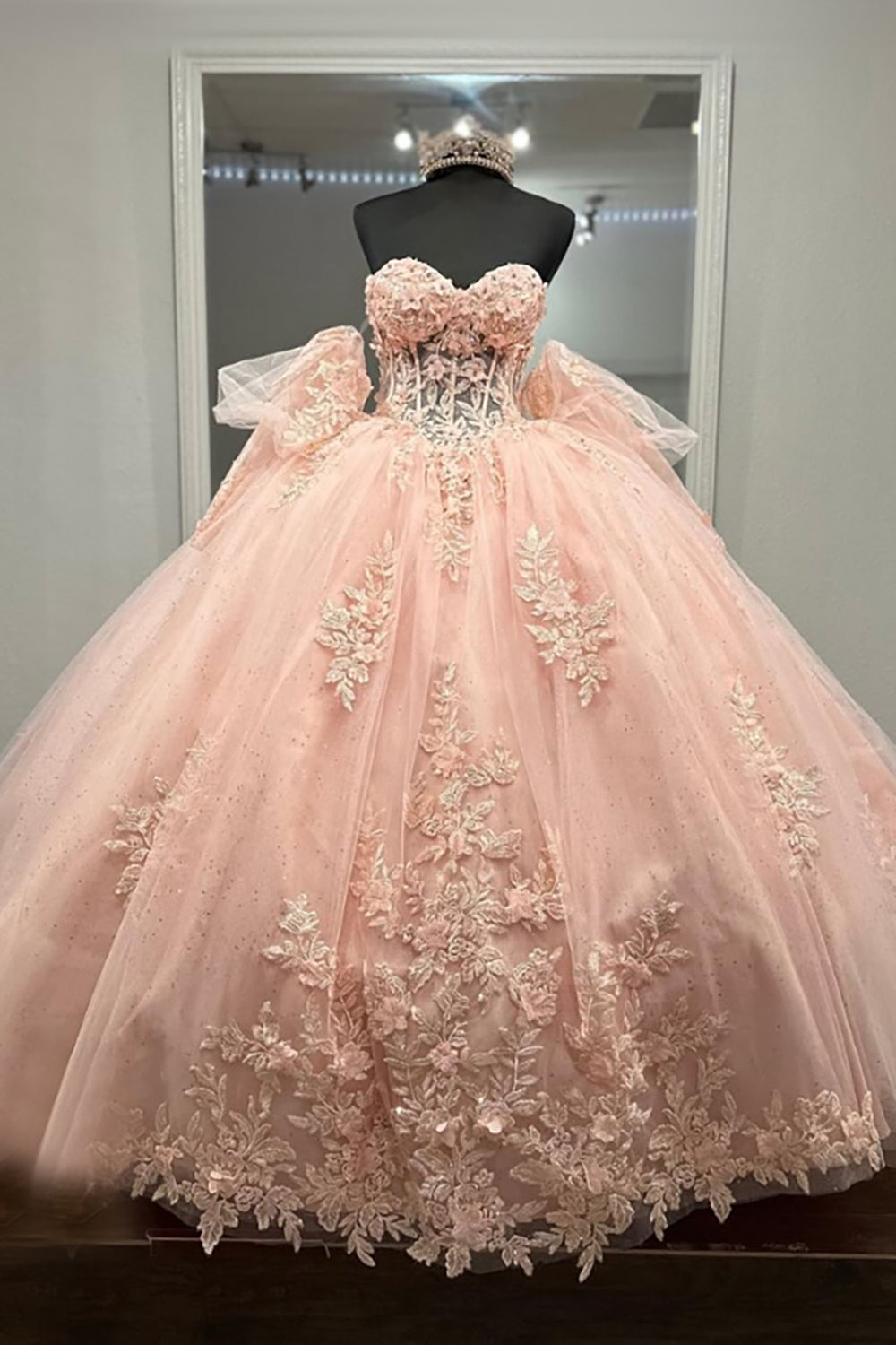 Sweetheart Princess Quinceanera Dress in Sparkly Blush Pink with Tulle Applique and Bow