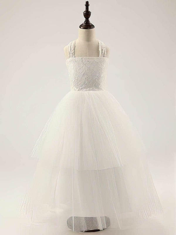 Fashionable A-Line Square Neck Sleeveless Lace Tulle Floor-Length Flower Girl Dresses