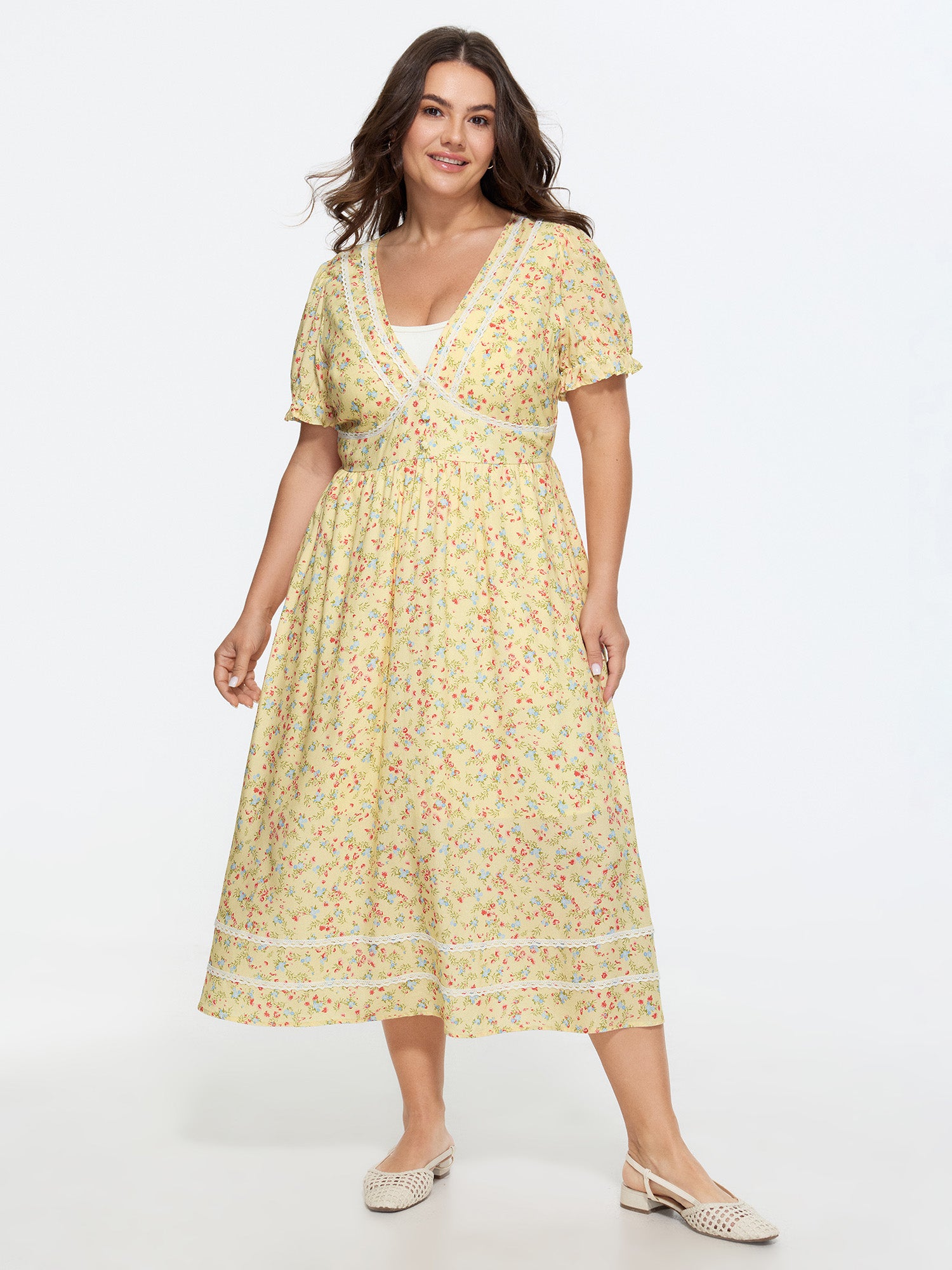 Supersoft Floral Print Lace Deep V-Neckline Midi Dress
