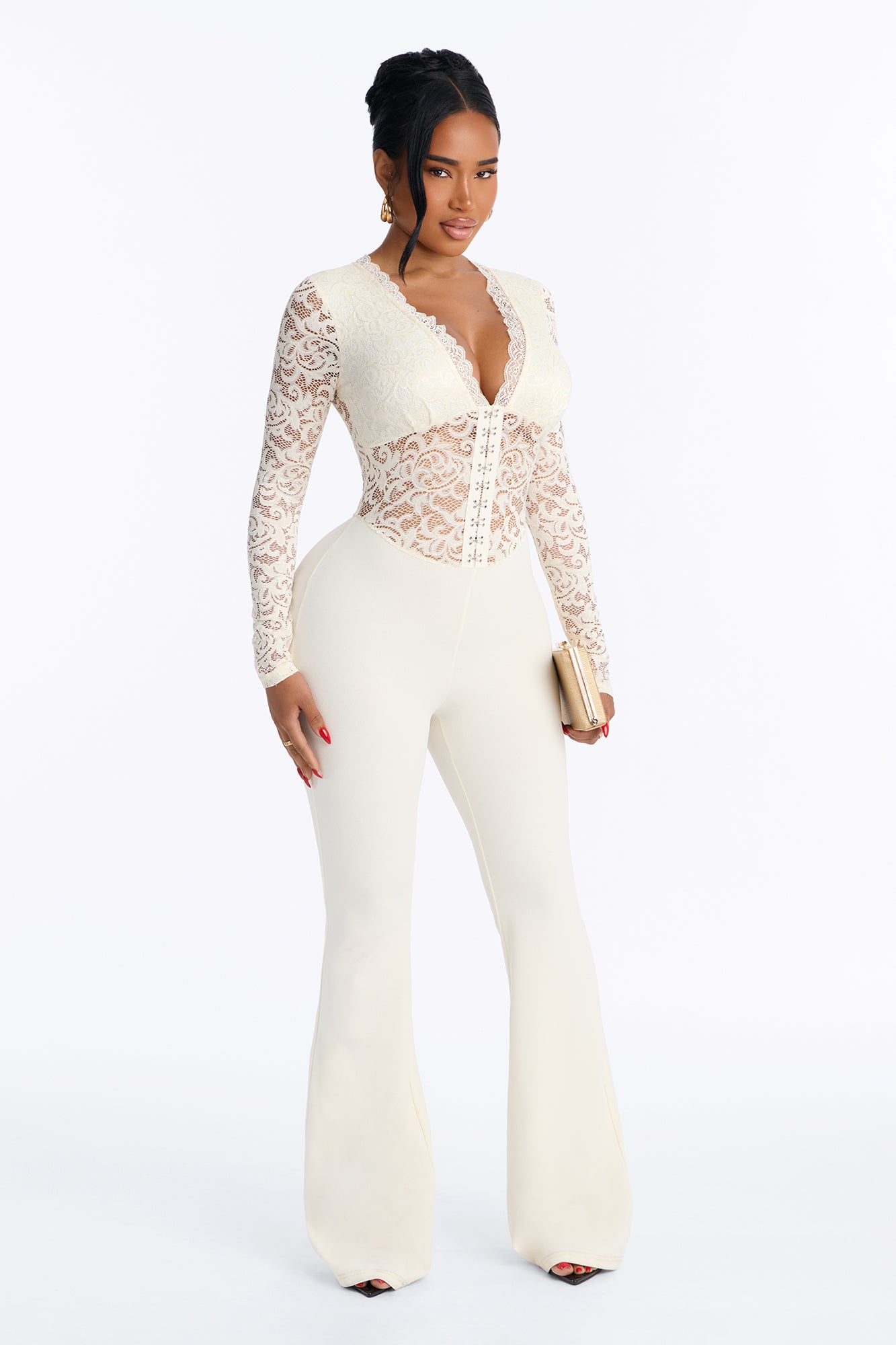 Make Him Wait Lace Long Sleeve Wide Leg Jumpsuit - Ivory