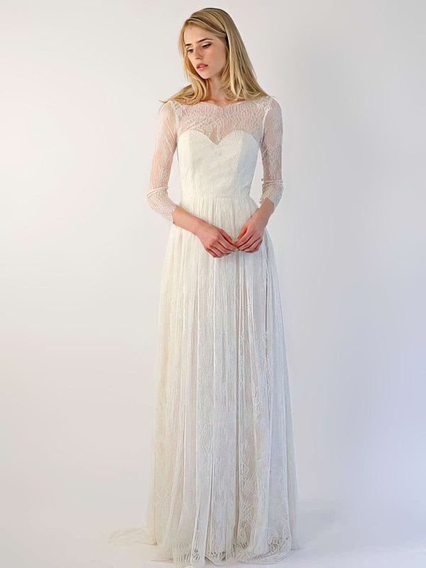 Glamorous A-Line 3/4 Long Sleeves Lace Sweep Train Wedding Dresses