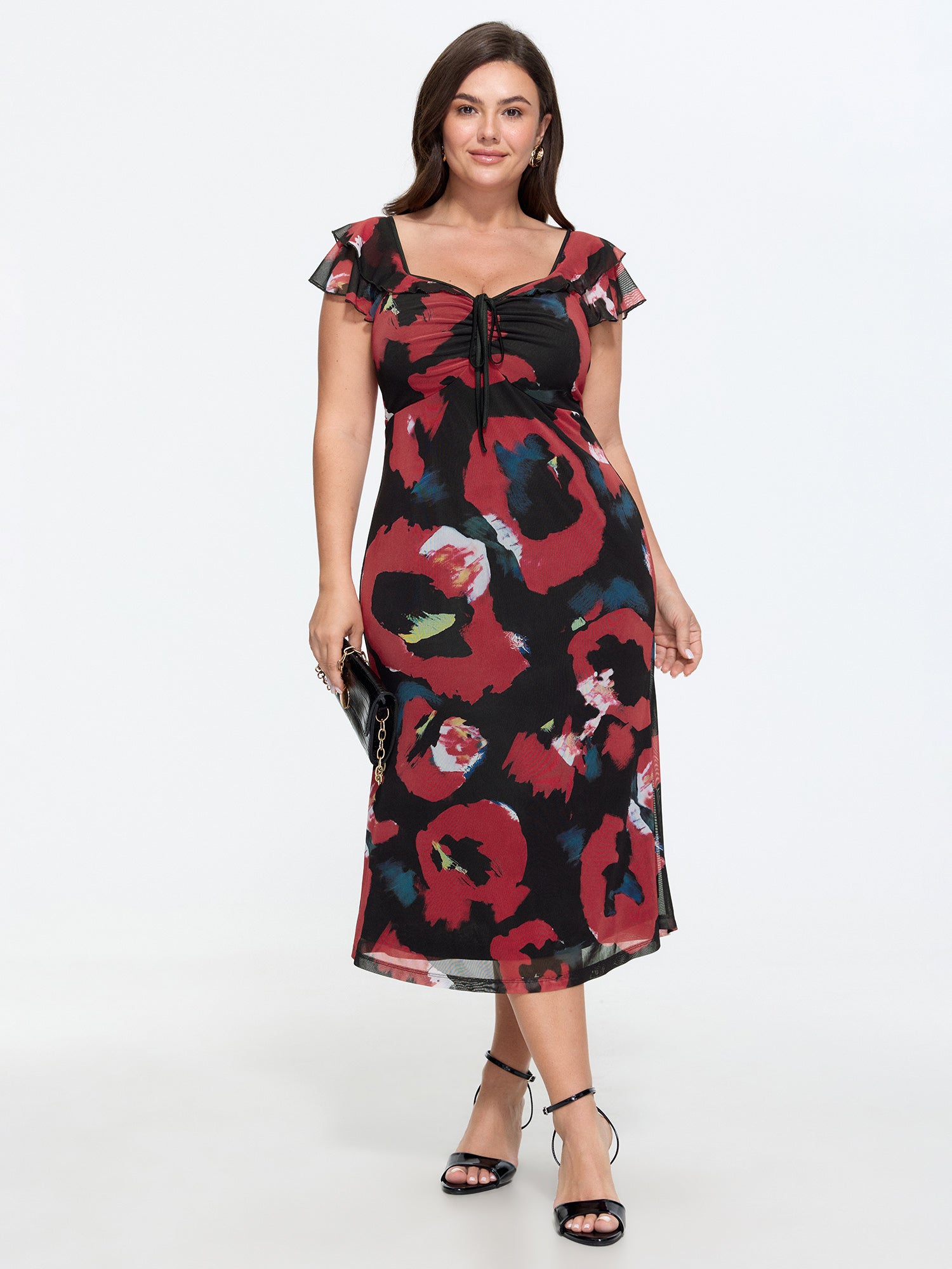 Abstract Print Mesh Ruffle Sleeves Midi Dress